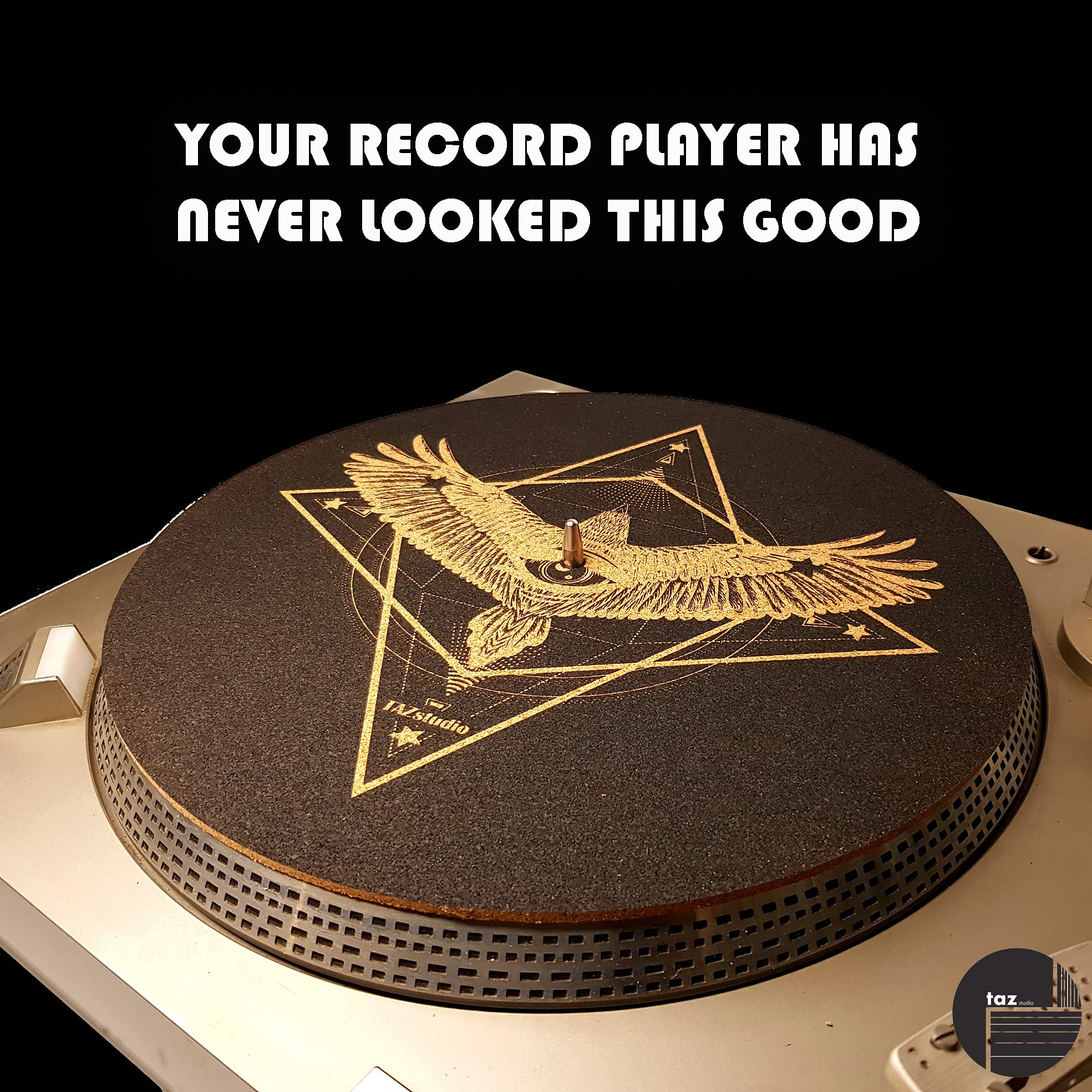 TazStudio Alfombrilla antideslizante de alta calidad, alfombrilla giratoria de corcho [4 mm de grosor] para un mejor soporte de sonido en tocadiscos de vinilo LP - Alfombrilla de corcho con diseño