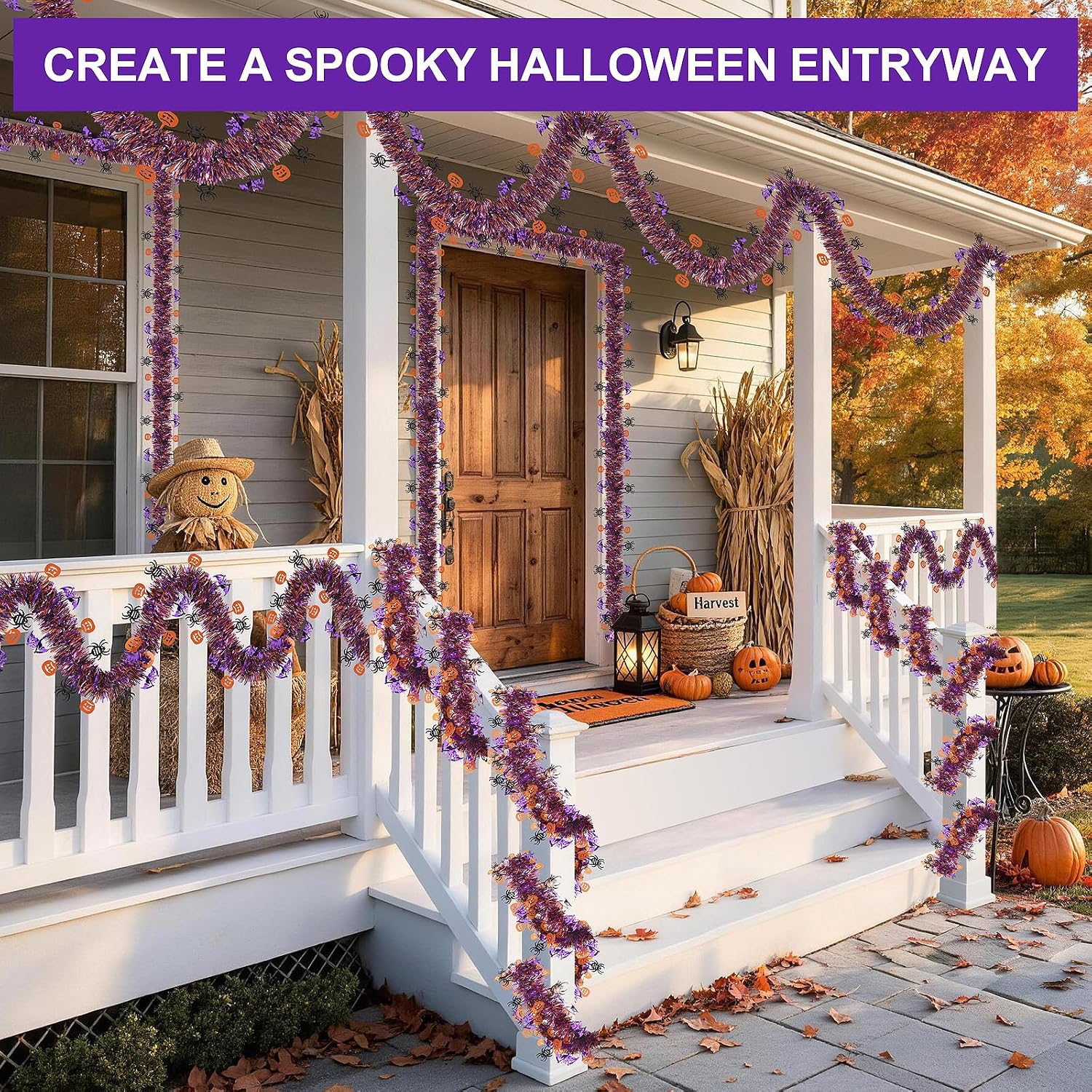 39FT Halloween Tinsel Garland, Purple Metallic Foil Garland Spider Decor