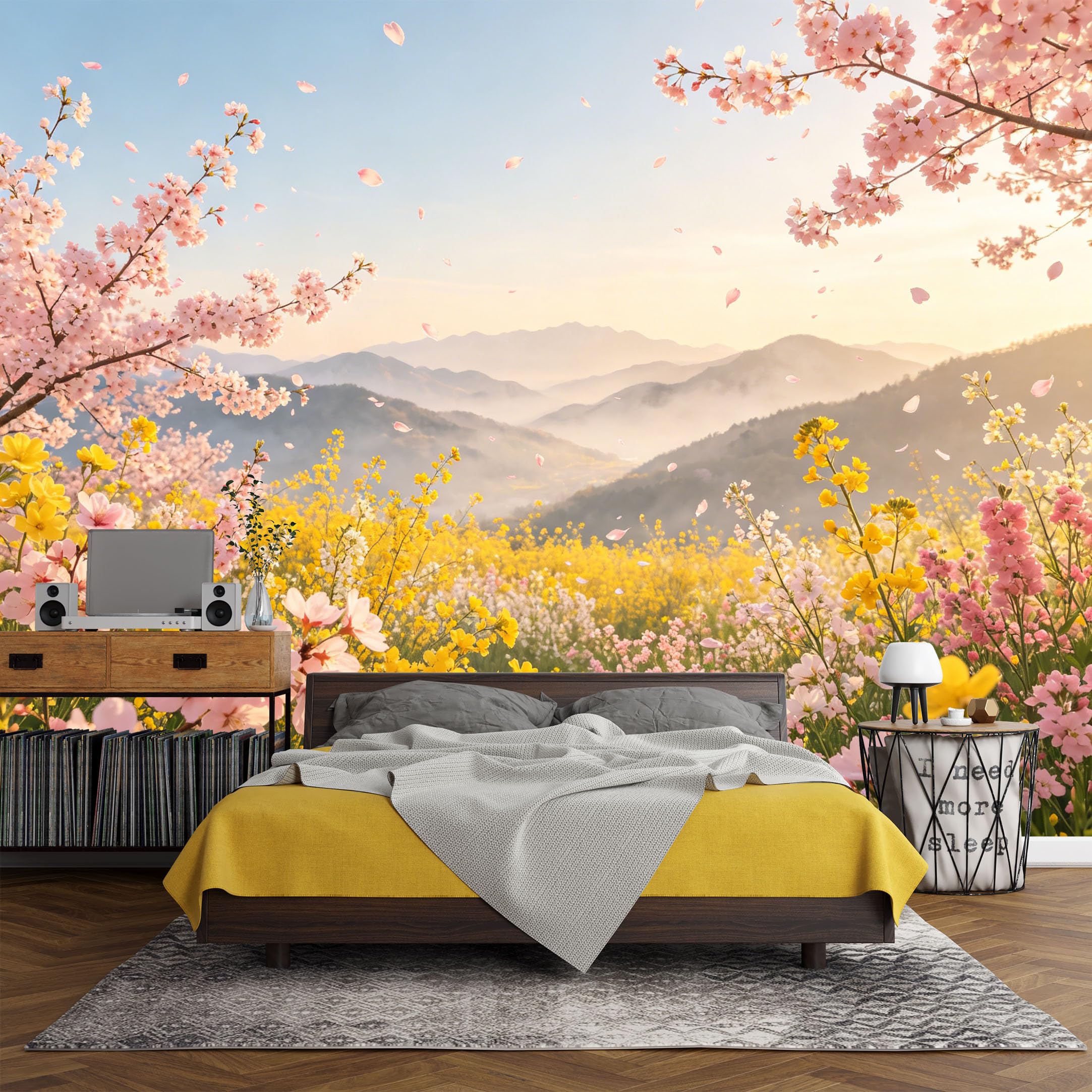 Custom Size Wall Mural， Botanical Spring Blossom Mountain Valley Sunrise Landscape，SelfAdhesive Art Prints wall Fabric (No PVC) Removable Wallpaper Living Room Decor