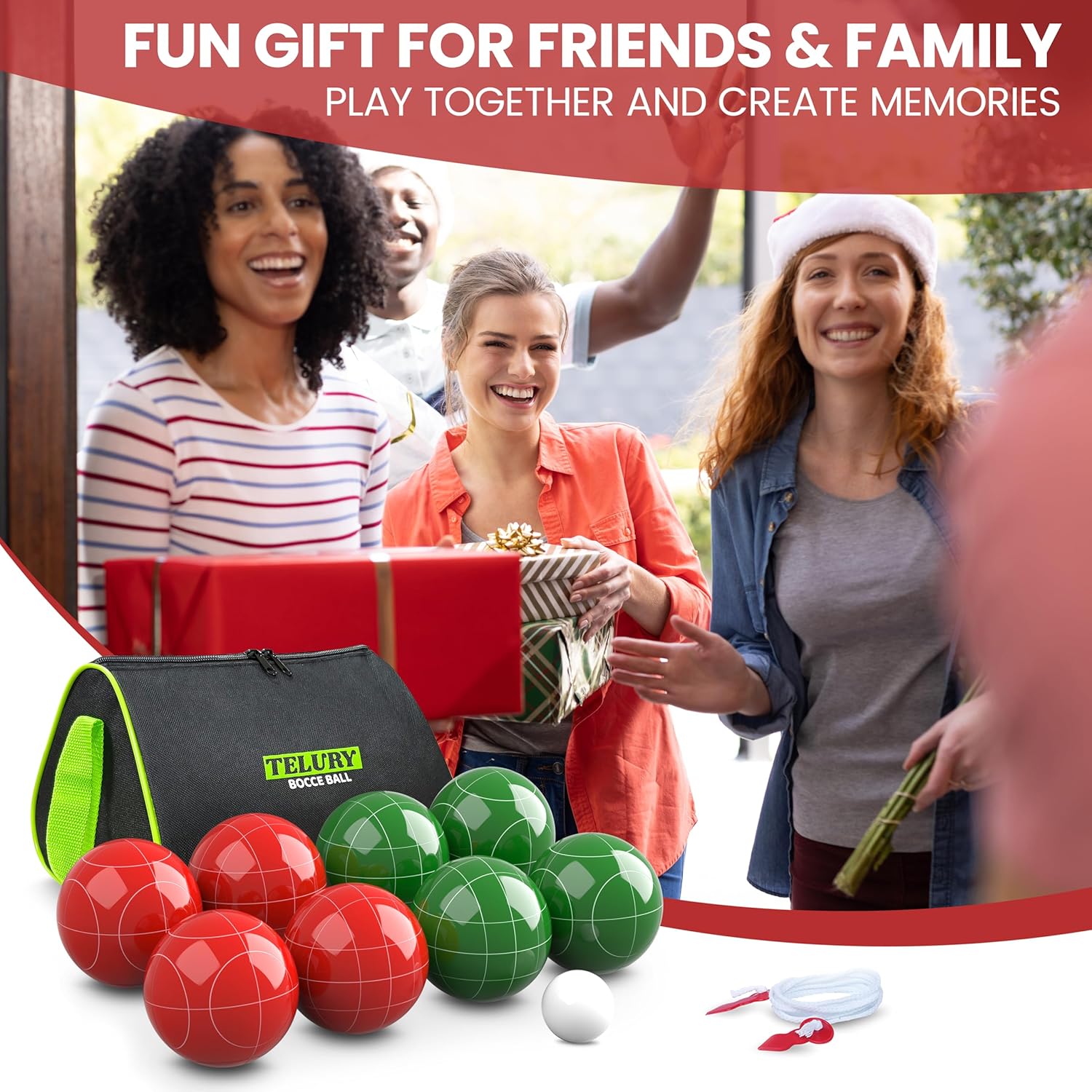 Bocce Ball Set 100mm Regulation Size and Weight for Lawn, Beach Bocci Game Sets for 2-8 Players (Green and Red)