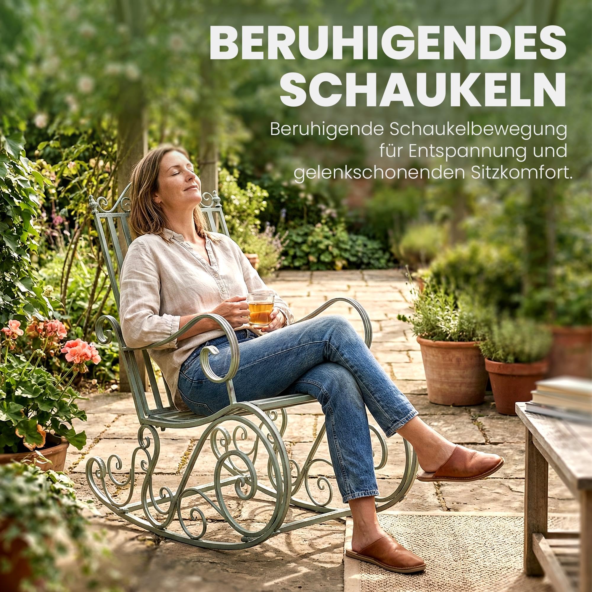 CLP Schaukelstuhl Relaxstuhl Smilla, wetterfest für Garten, Metallgestell, ergonomisch, Landhausstil, Outdoor Sessel, Farbe:antik-grün