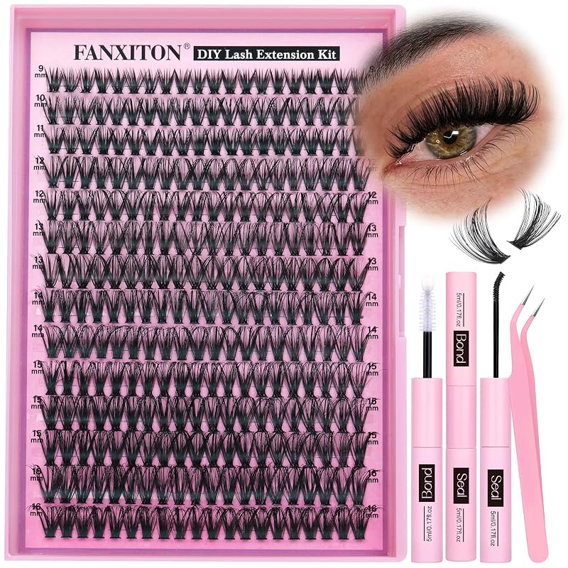 Kit de Cílios em Tufos FANXITON 40D D Curl com Bond & Seal, 280 unidades
