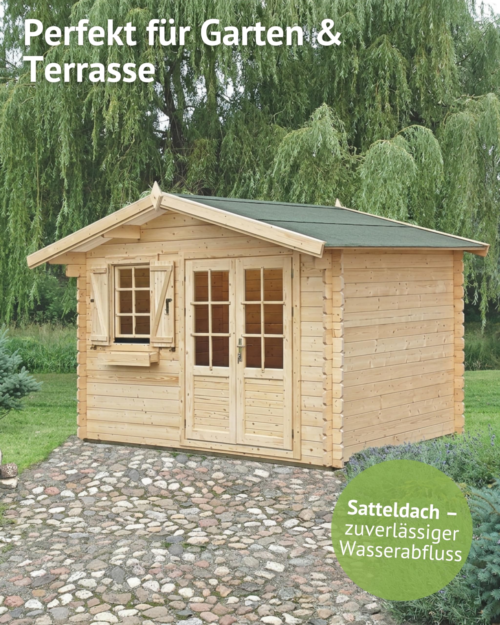 Gartenhaus PR9 - 34 mm Blockbohlenhaus, Grundfläche: 10,40 m², Satteldach