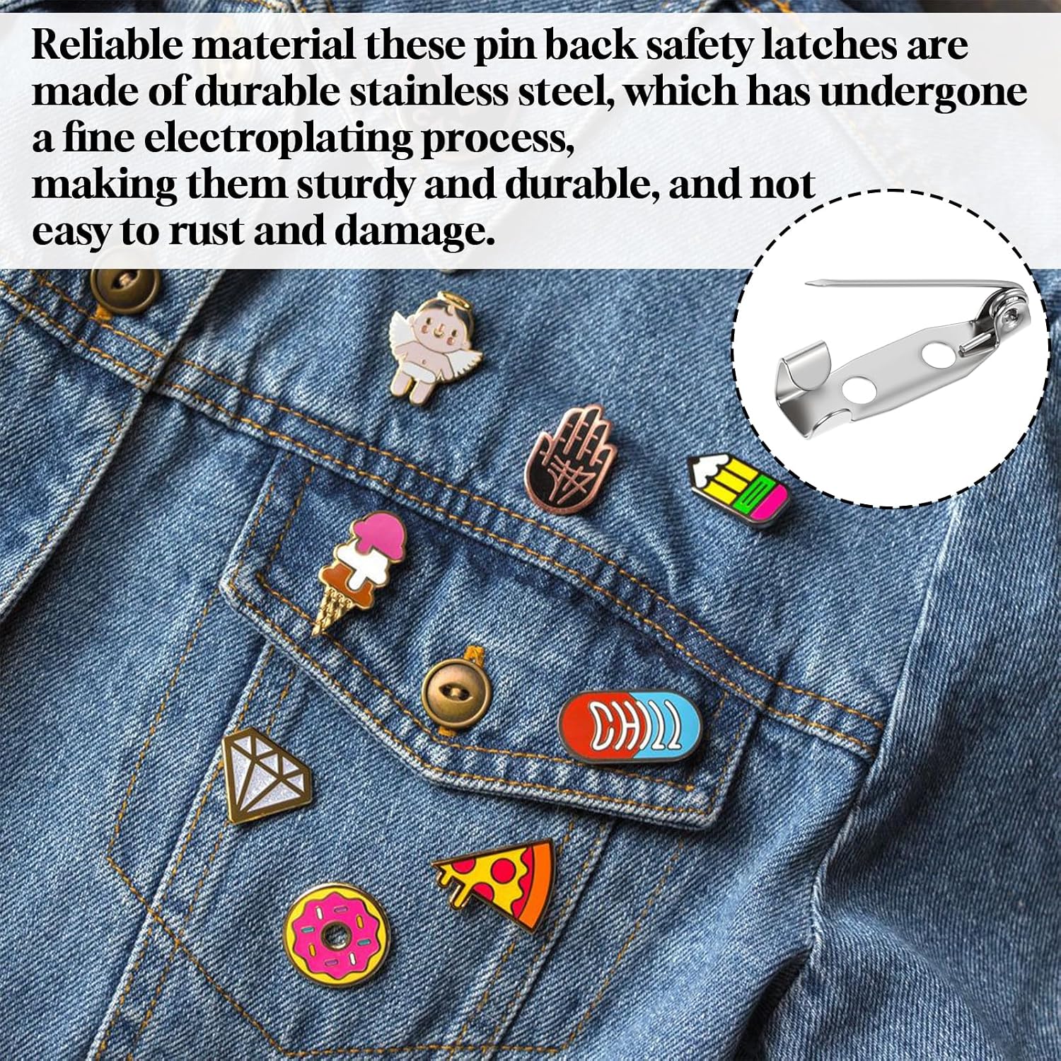 200pcs Brooch Pin Backs, 20mm Silver Safety Bar Pins for Crafts, Metal Flat Back Locking Clasp for DIY Jewelry Making Badge Name Tag Tie Tacks Citation