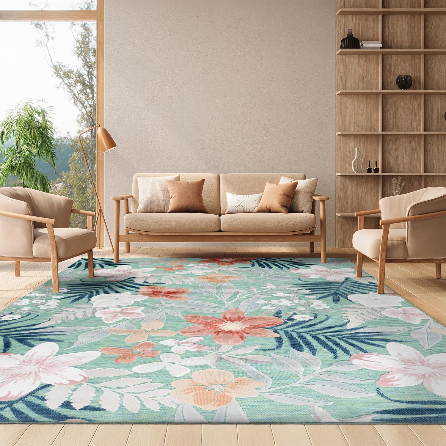 SAFAVIEH Washable Rug Outdoor Cabana Collection - 7'10" Square, Green & Rust, Non-Shedding & Easy to Clean, Ideal for Patio, Backyard, Mudroom (CBN454Y)