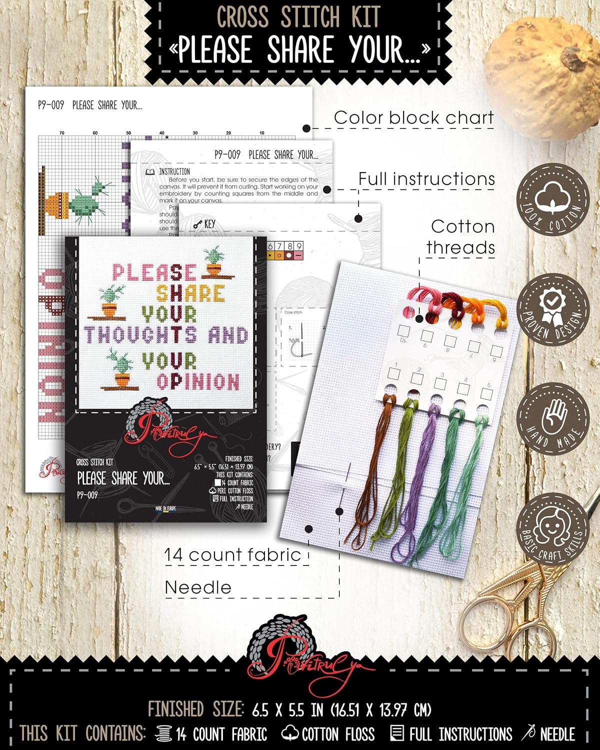 Povitrulya Sarcastic Cross Stitch Kit for Adults – “Please Share Your Thoughts and Your Opinion” Funny Quote Embroidery Set – Hidden Message Design, Modern Counted Cross Stitch Home Decor