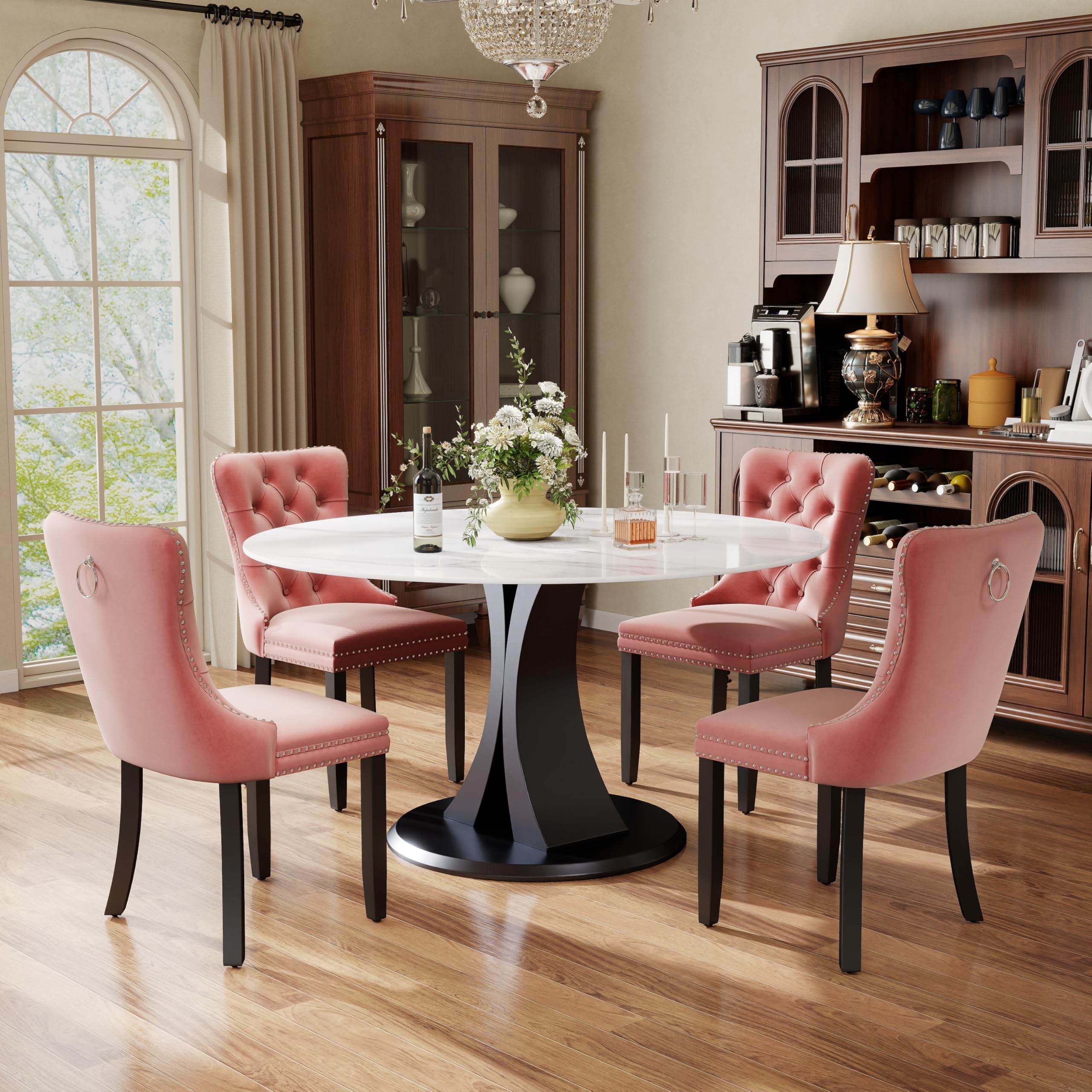 5-Piece Dining Table Set with 47In Faux Marble Table and 4 Velvet Upholstered Chairs, Modern Scandinavian Furniture for Dining Room Kitchen(Pink)