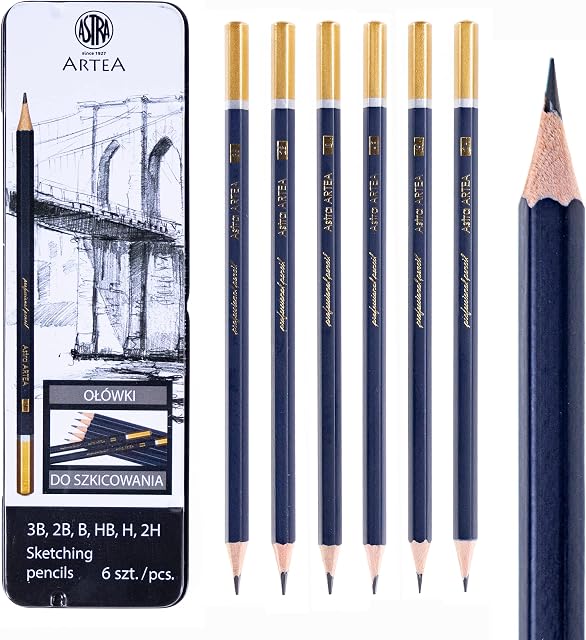 Artea Sketching Pencils Set of 6 in Metal Tin Case 3B 2B B HB H 2H - FSC Certified Artists Pencils for Drawing Doodling Drafting and Illustrations