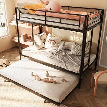 SUNLEI Bunk Bed Twin Over Twins with Trundle, Metal Loft Bed with 2 Secured Ladders, Trundle Beds Twin Safety Guard, Space-Saving, Noise Free for Small Bedroom, Black Twin Over Twins