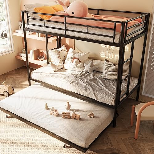 SUNLEI Bunk Bed Twin Over Twins with Trundle, Metal Loft Bed with 2 Secured Ladders, Trundle Beds Twin Safety Guard, Space-Saving, Noise Free for Small Bedroom, Black (Twin Over Twins)