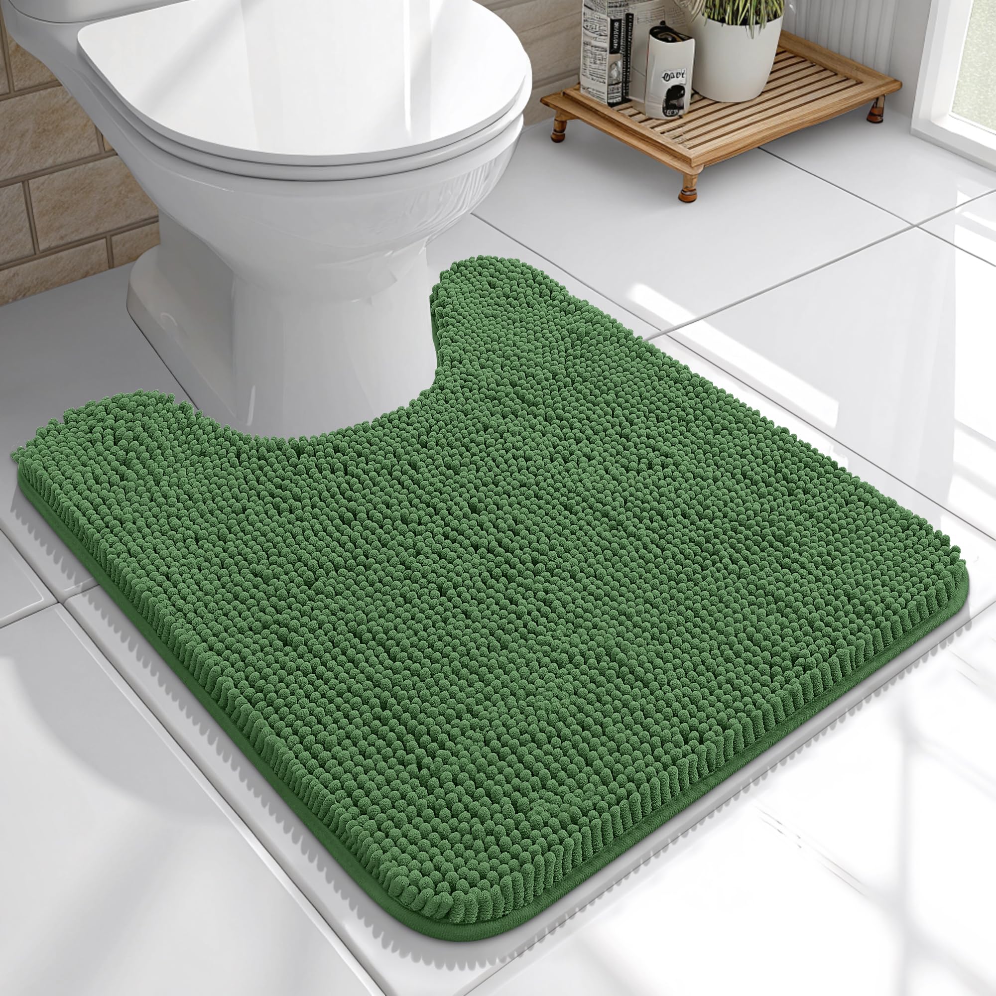 OLANLY Toilet Rugs U-Shaped 20x20, Soft Absorbent Chenille Contour Rugs | Olive Green, Quick-Drying Rubber Backing, Machine Washable Non-Slip Shaggy Bathroom Mat for Toilet, Home Decor Accessories