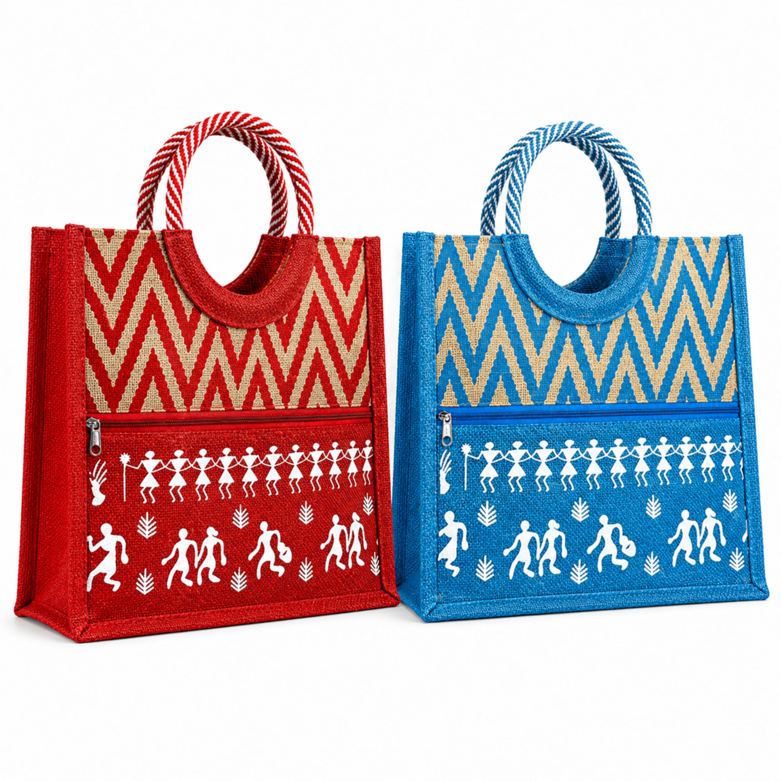 cantainoo Jute Bags for Return Gifts | Return Gift Bags | Eco-Friendly Reusable Jute Bags for Gifting, Shopping & Daily Use (2, Red&BlueColored-Neo Ethnic)
