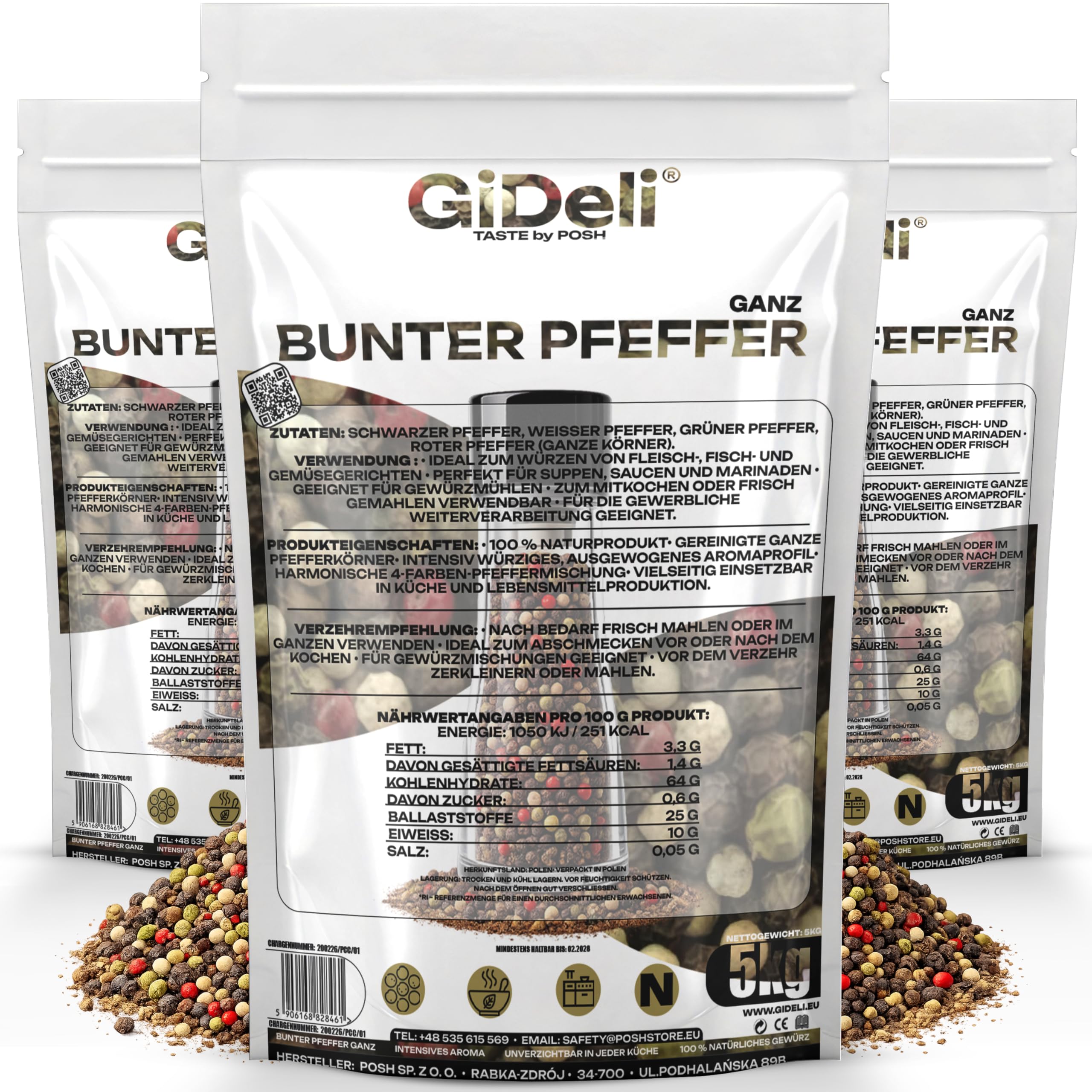 GiDeli Bunter Pfeffer Ganz 3 x 5kg - Aromatische Schwarze, Weiße, Rote und Grüne Pfefferkörner - Für Pfeffermühle und Mörser - Universell Einsetzbar - 100% Naturrein ohne Zusätze