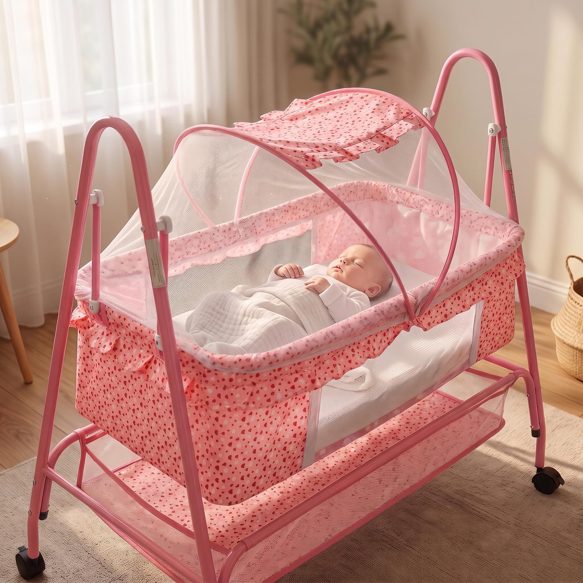 BAYBEE Clora Baby Cradle and Swing with Mosquito Net | Jhula Palna for Newborns | 360° Rotating Lockable Wheels & Storage Basket | Pink-picture-37