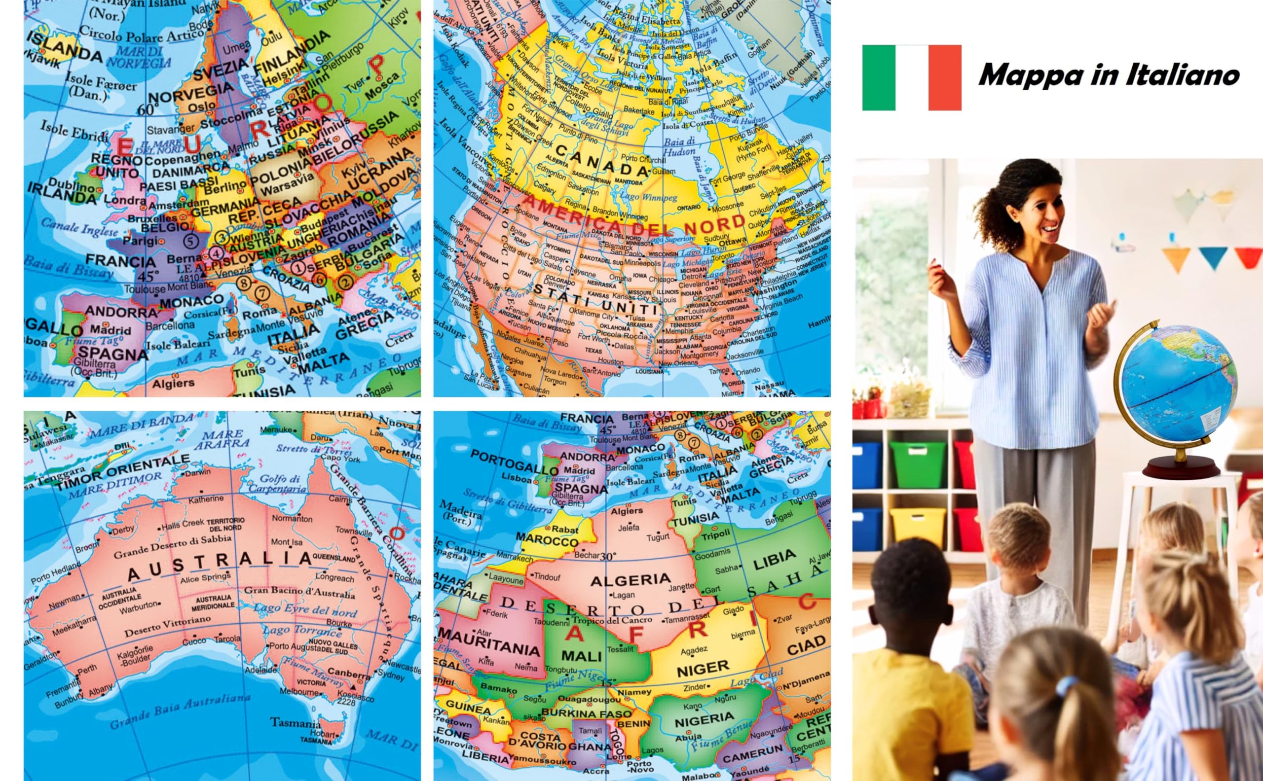 Exerz Mappamondo Illuminato 20 cm con Mappa Italiana e Costellazioni | Base in legno effetto palissandro arco metallico dorato luce LED USB per camera studio scuola regalo