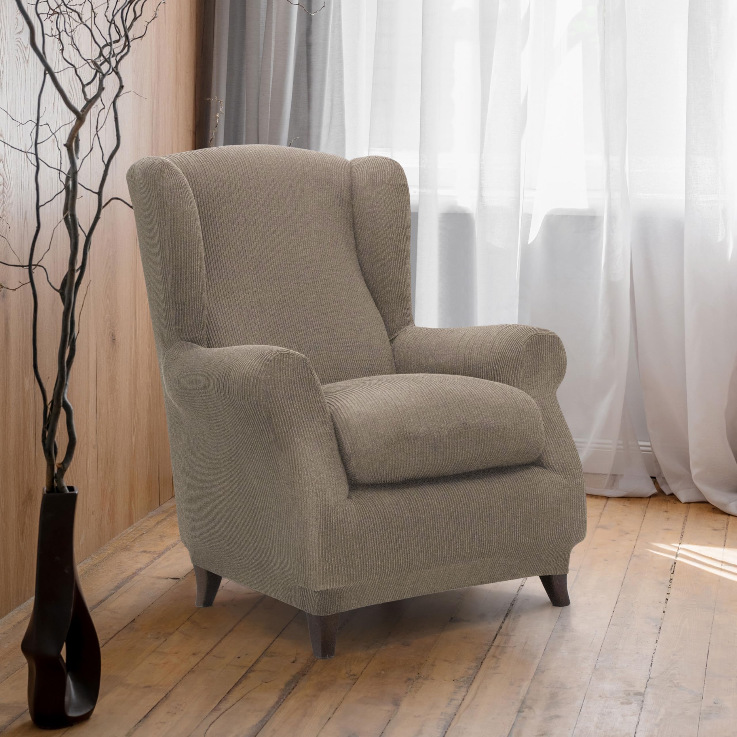 FAVERTI® Housse de Fauteuil à Oreilles élastique de 70 à 100 cm | Modèle Reale | Lin | Housse réglable pour Fauteuil à Oreilles Universelle | Protecteur de qualité en Tissu Jacquard Toucher Coton