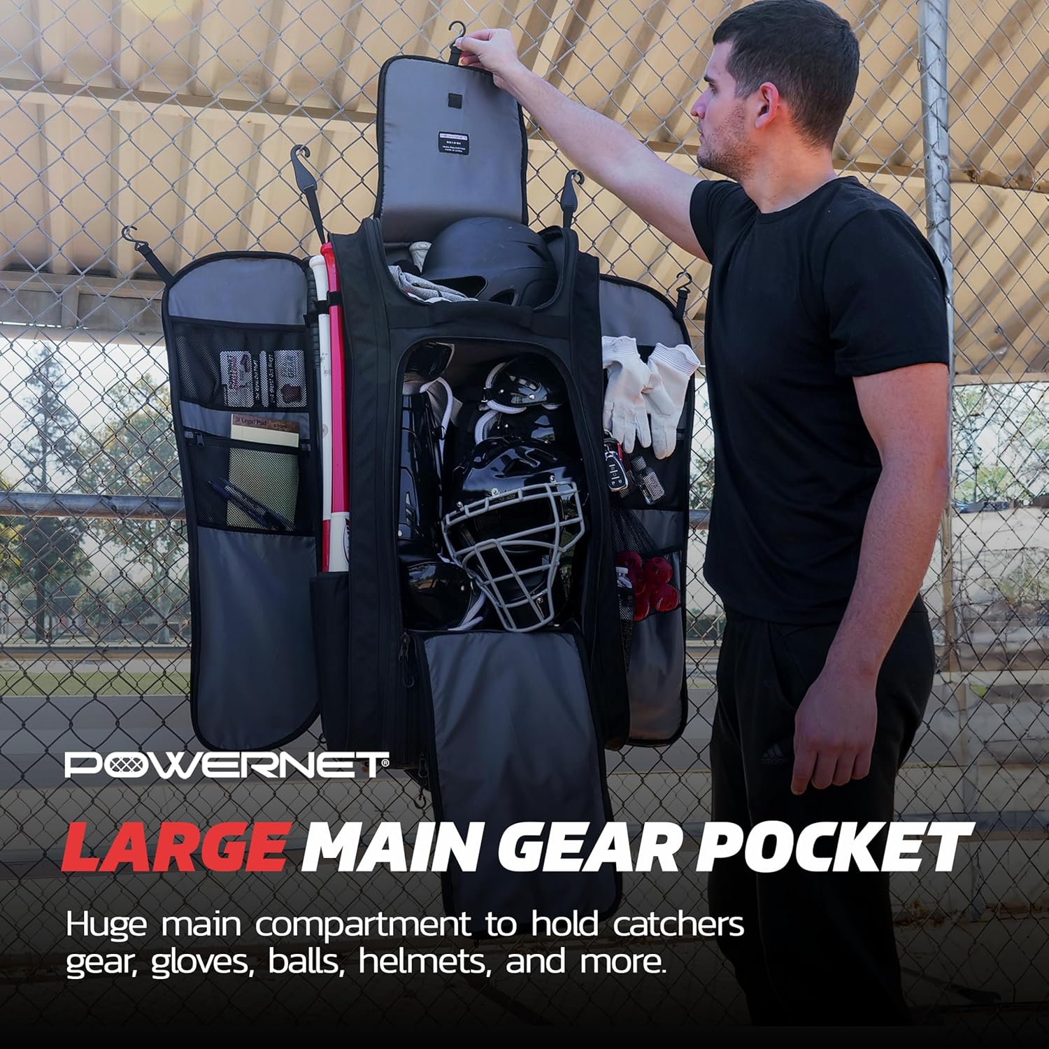 PowerNet Optimus Catcher's Bag, Rolling Equipment Bag Holds All Baseball & Softball Gear, 7 Internal Bat Sleeves, Cleat Compartment, Personalization Panel & Hooks - Image 4