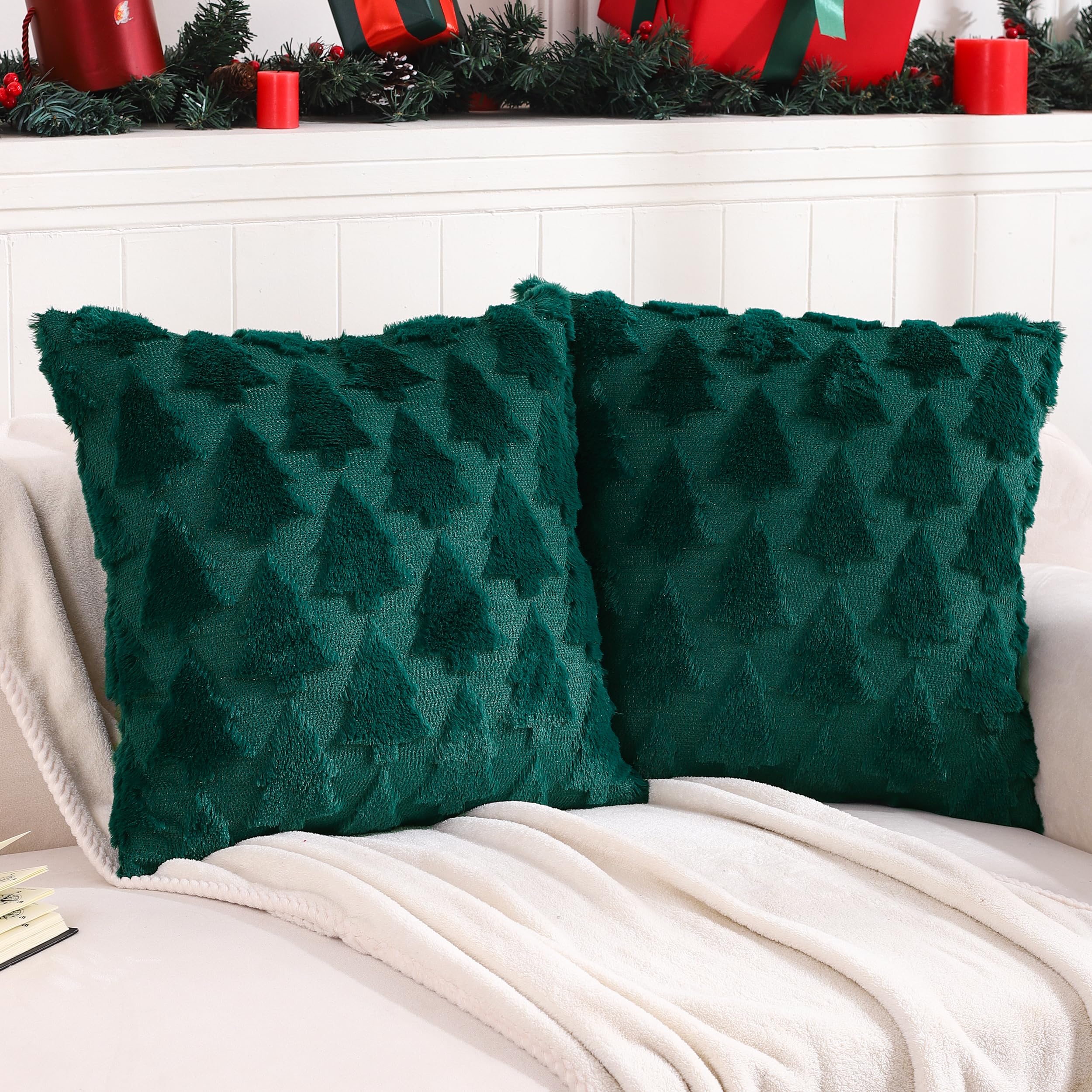 Christmas Throw Pillow Covers - Set Of 2, 18x18 Inch, Dark Green Tree Design, Plush Faux Fur