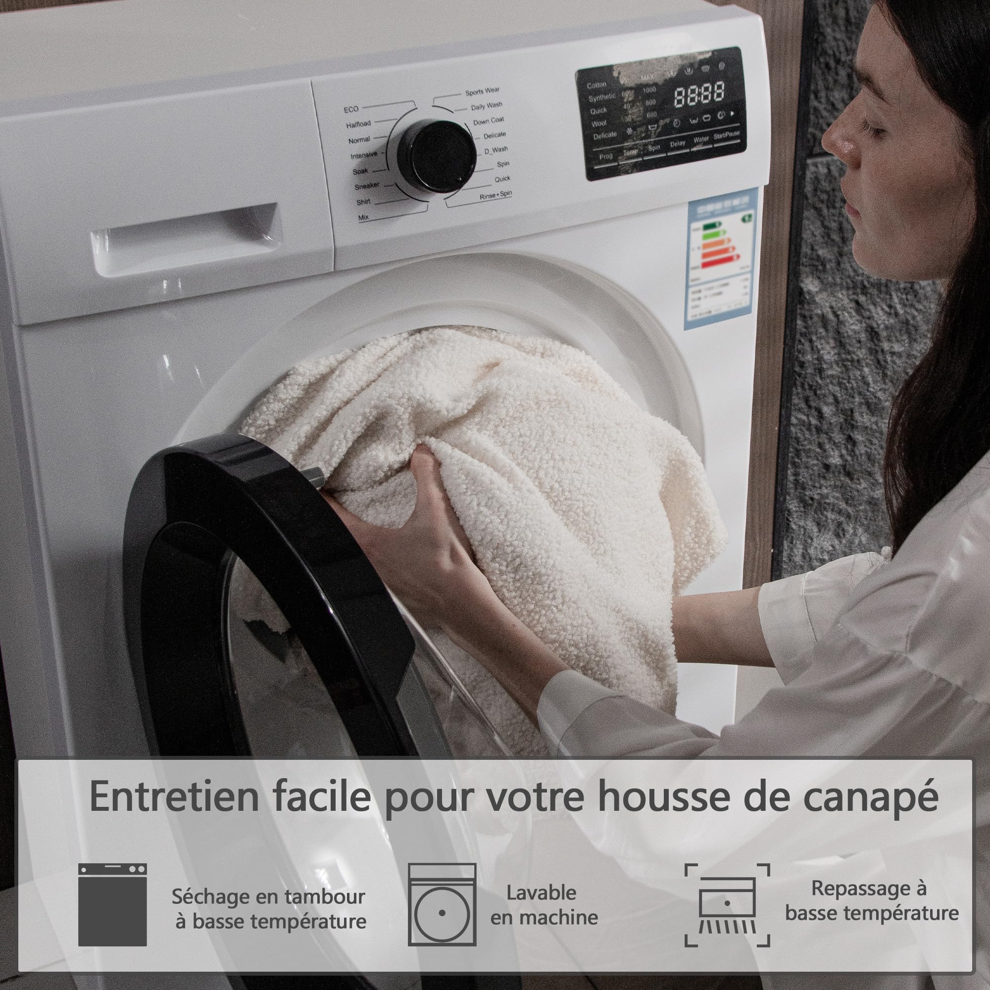 OHSIO Housse de canapé - Haute élasticité et antidérapante - Lavable et adaptée aux Animaux de Compagnie - Résistante - Ivoire - 2 Housses de siège S + 1 Housse de Chaise Longue