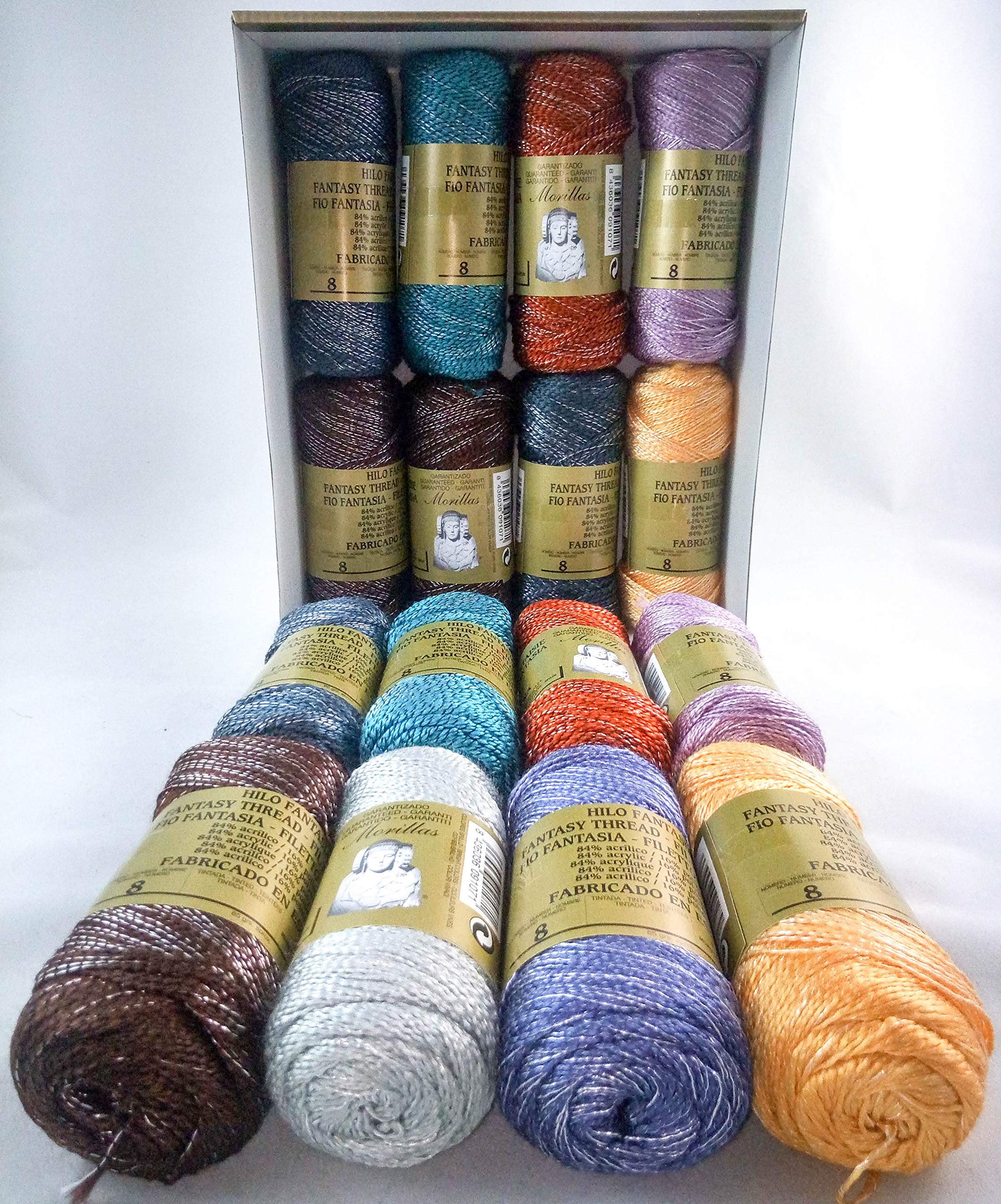 ▷ Pack de 16 Zepelines Hilo Fantasía Nº 8 BRILLO COL. OSCUROS (84% Acrílico/ 16% Poliéster) para tejer labores de ganchillo o punto con un acabado elegante.