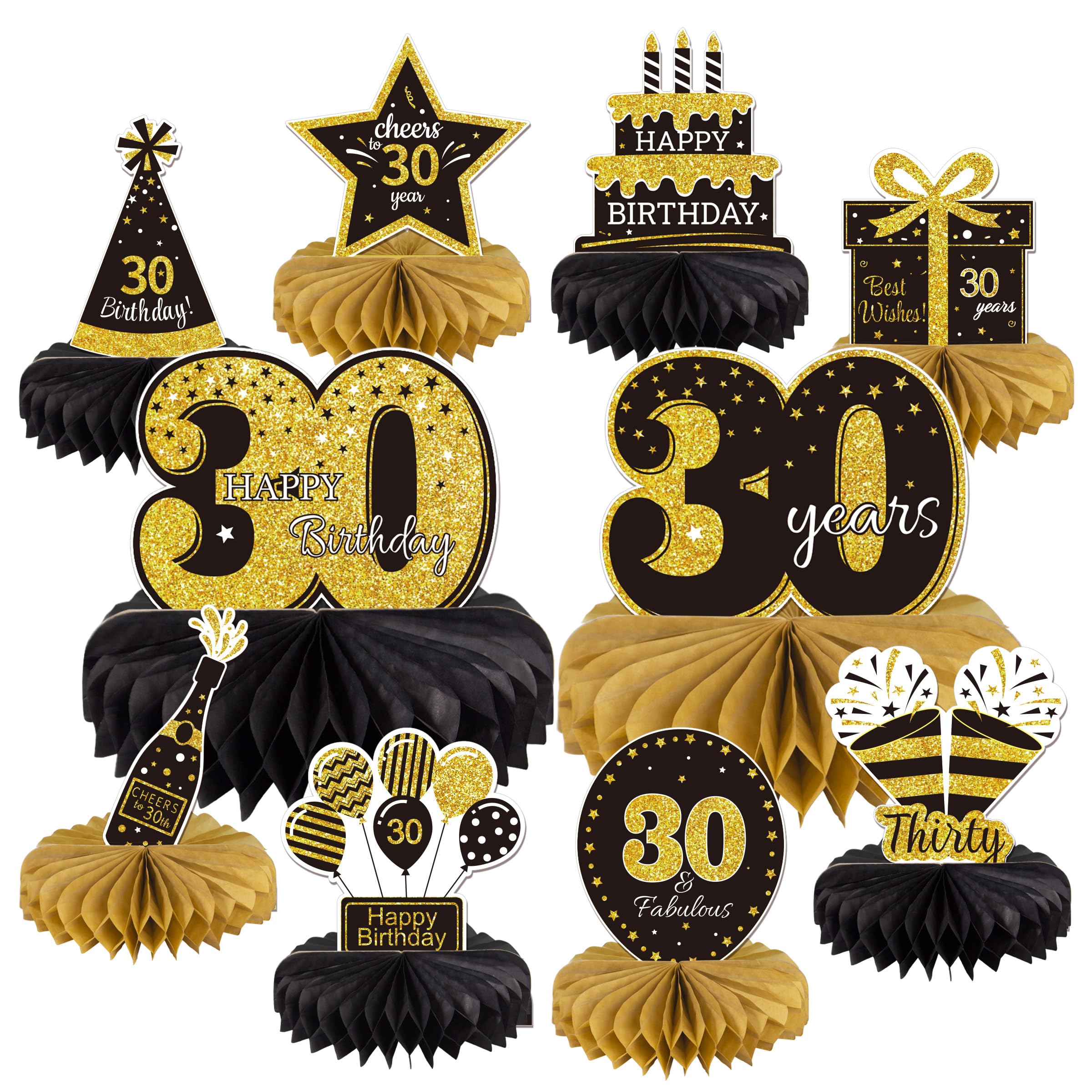 Gexolenu 10 Pcs 30th Birthday Honeycomb Centerpieces Gold Black Cheers to 30 Years Birthday Centerpieces Tables Toppers for 30th Birthday Decorations 30 Fabulous Birthday Party Decorations Supply