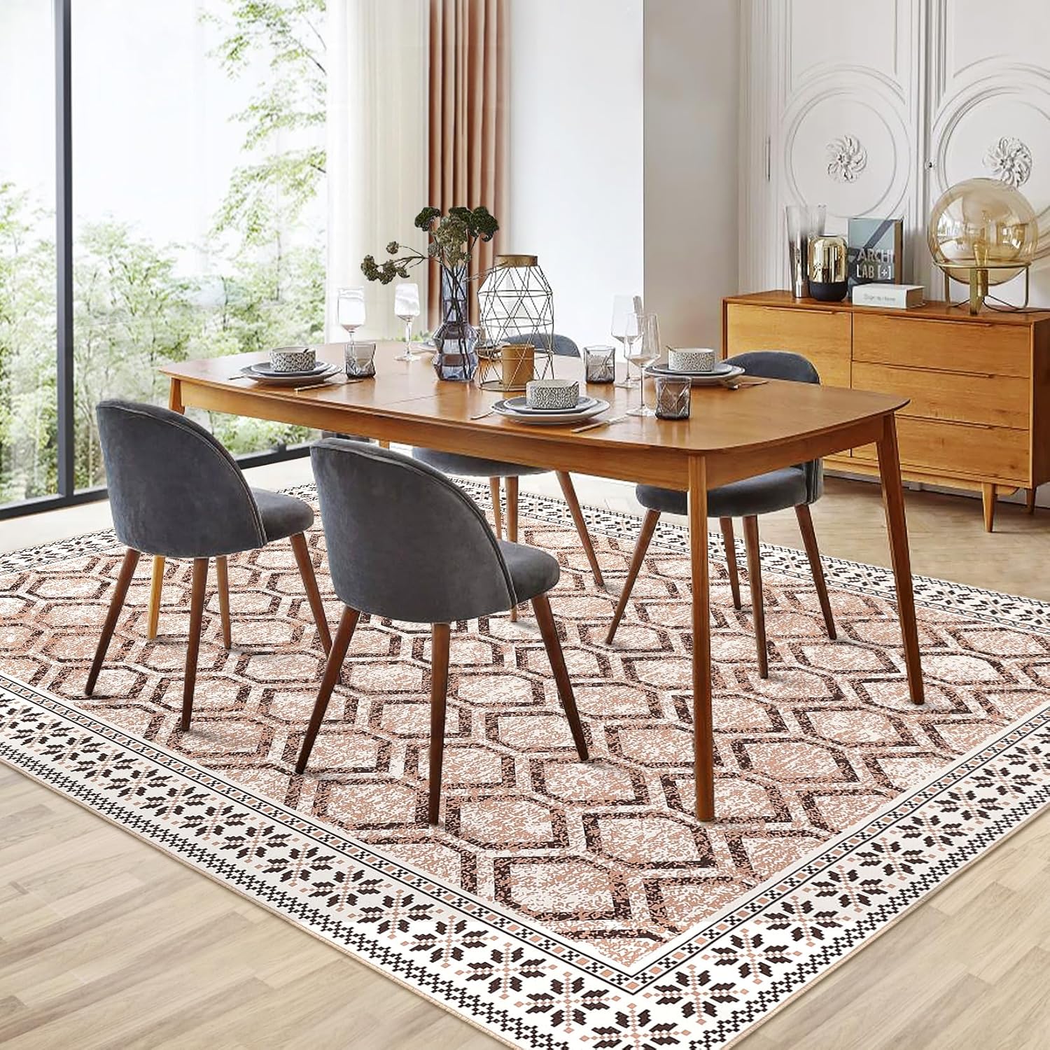 GarveeHome Modern Moroccan Area Rug, 3x5 Machine Washable Rug Carpet, 3x5 Stain Resistant Non-Slip Ultra-Thin Print Rug for Living Room, Bedroom, Kitchen, Dining Room, Office, Brown Beige