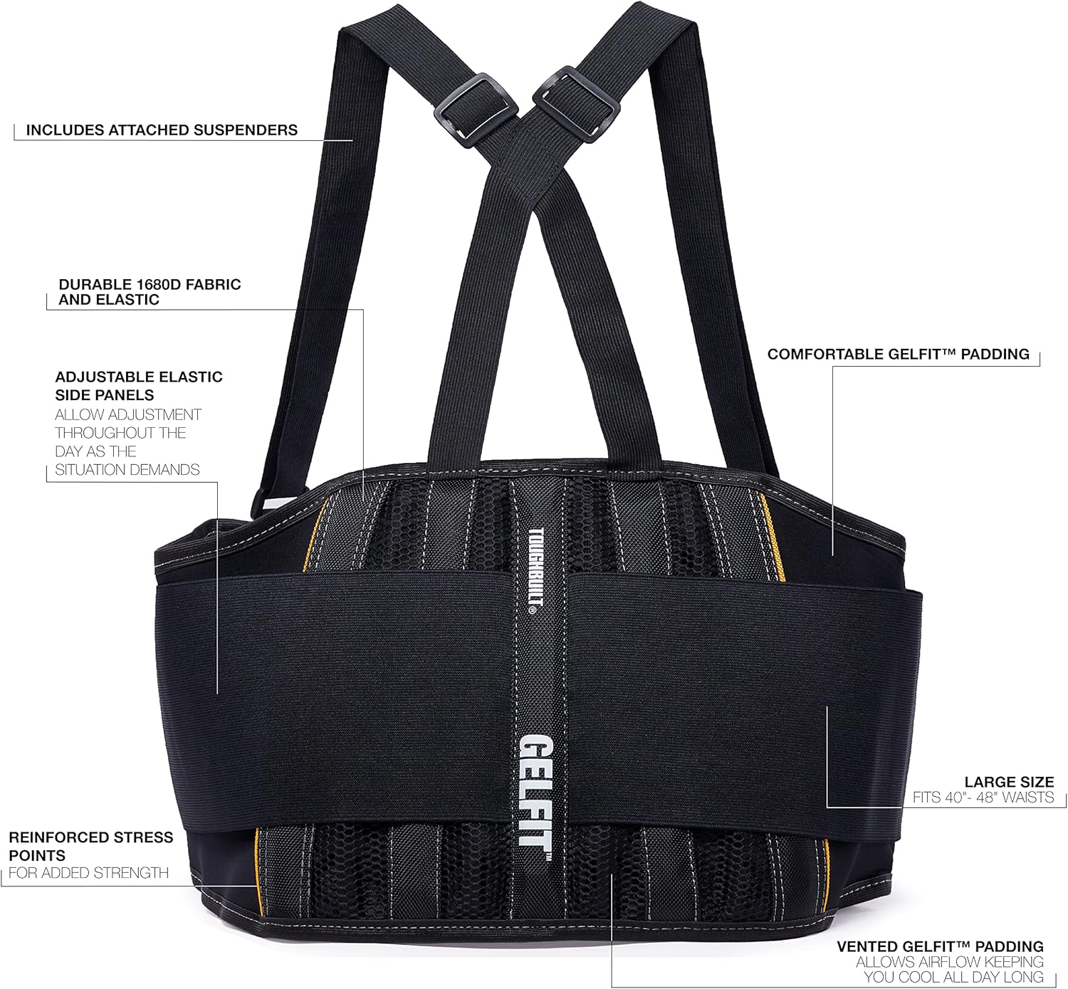 ToughBuilt - Back Support Belt - Large - Attached Suspenders, Comfortable, Durable (TB-45G-L) : Everything Else