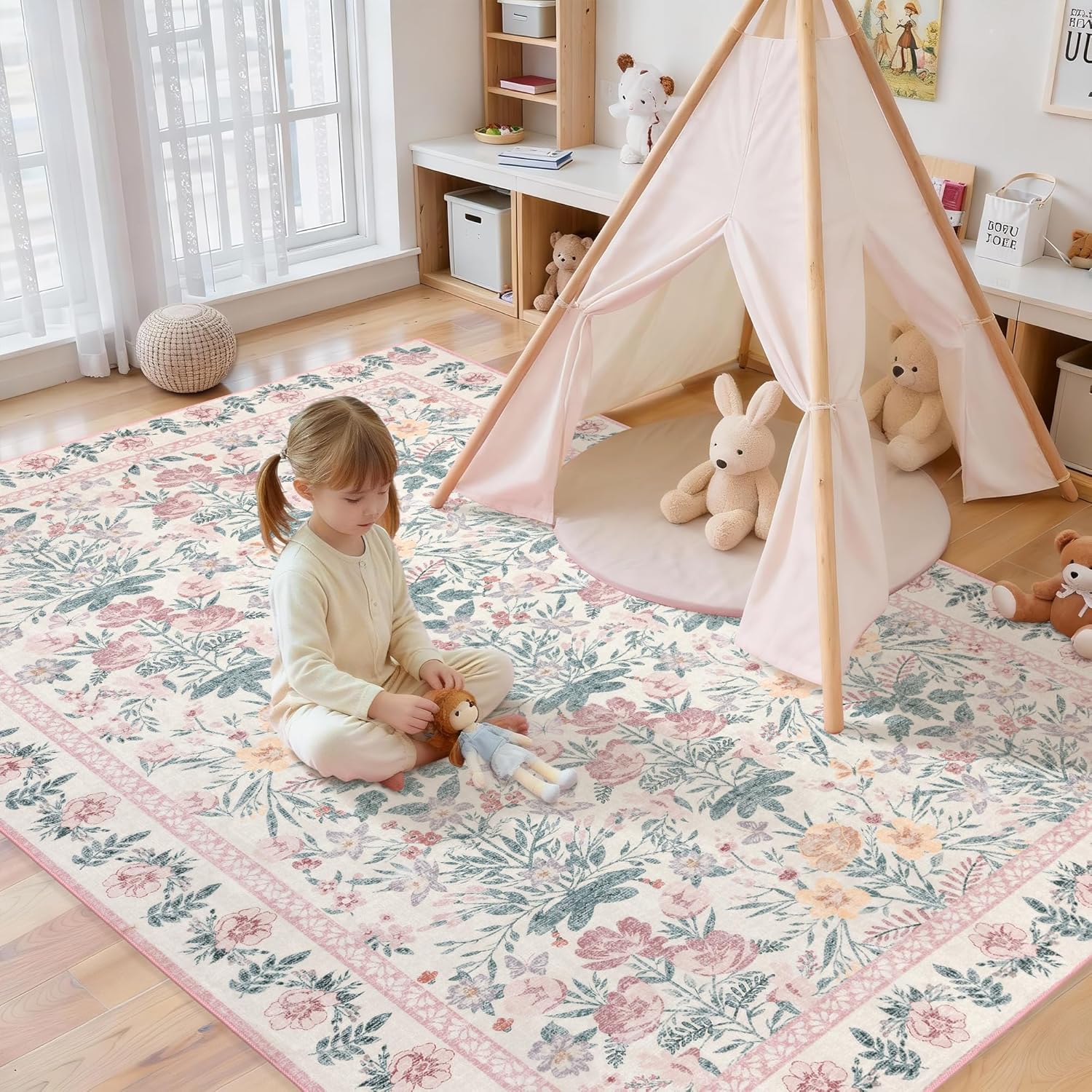Pink Rugs for Bedroom Girls: Floral 5x7 Washable Area Rug for Nursery Kids Room Living Room Boho Decor - Soft Non-Slip Non-Shedding Carpet