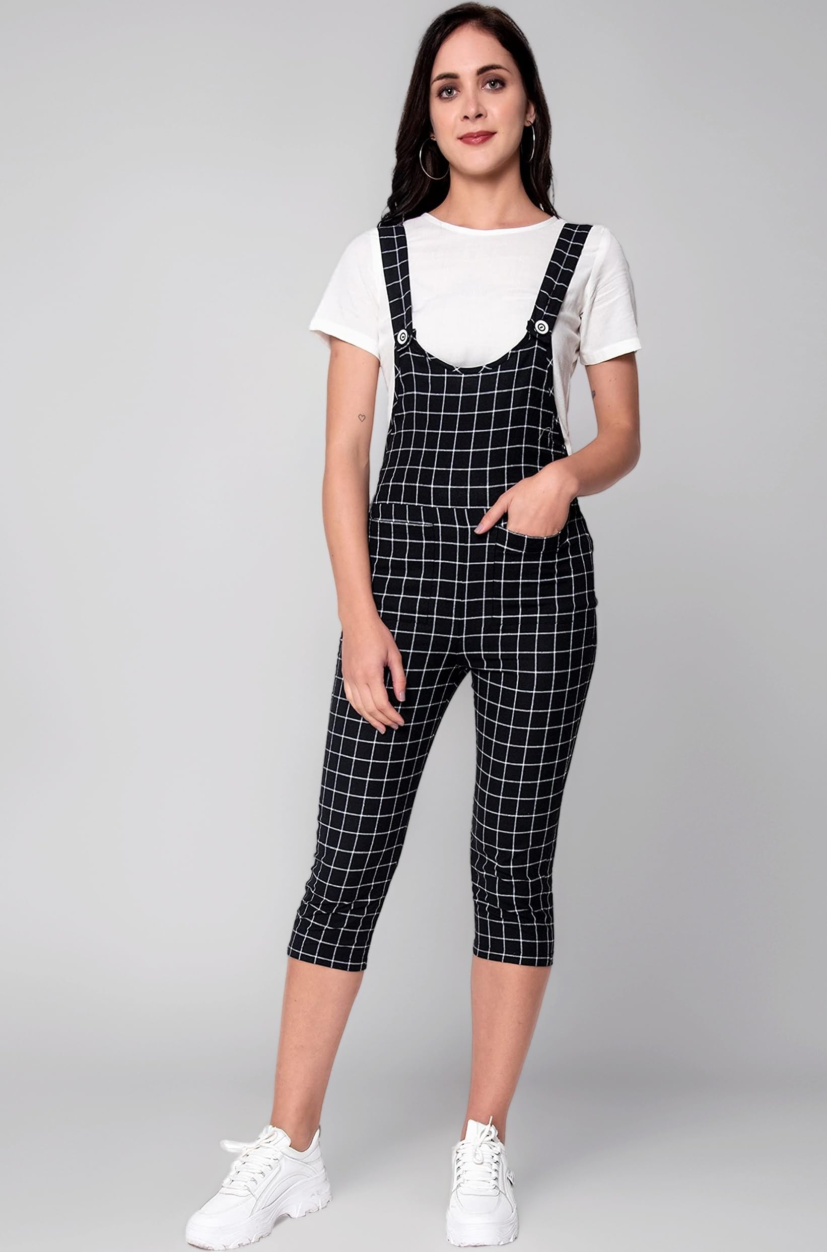 Black Colored Checks Woven Khadi Printed Dungarees