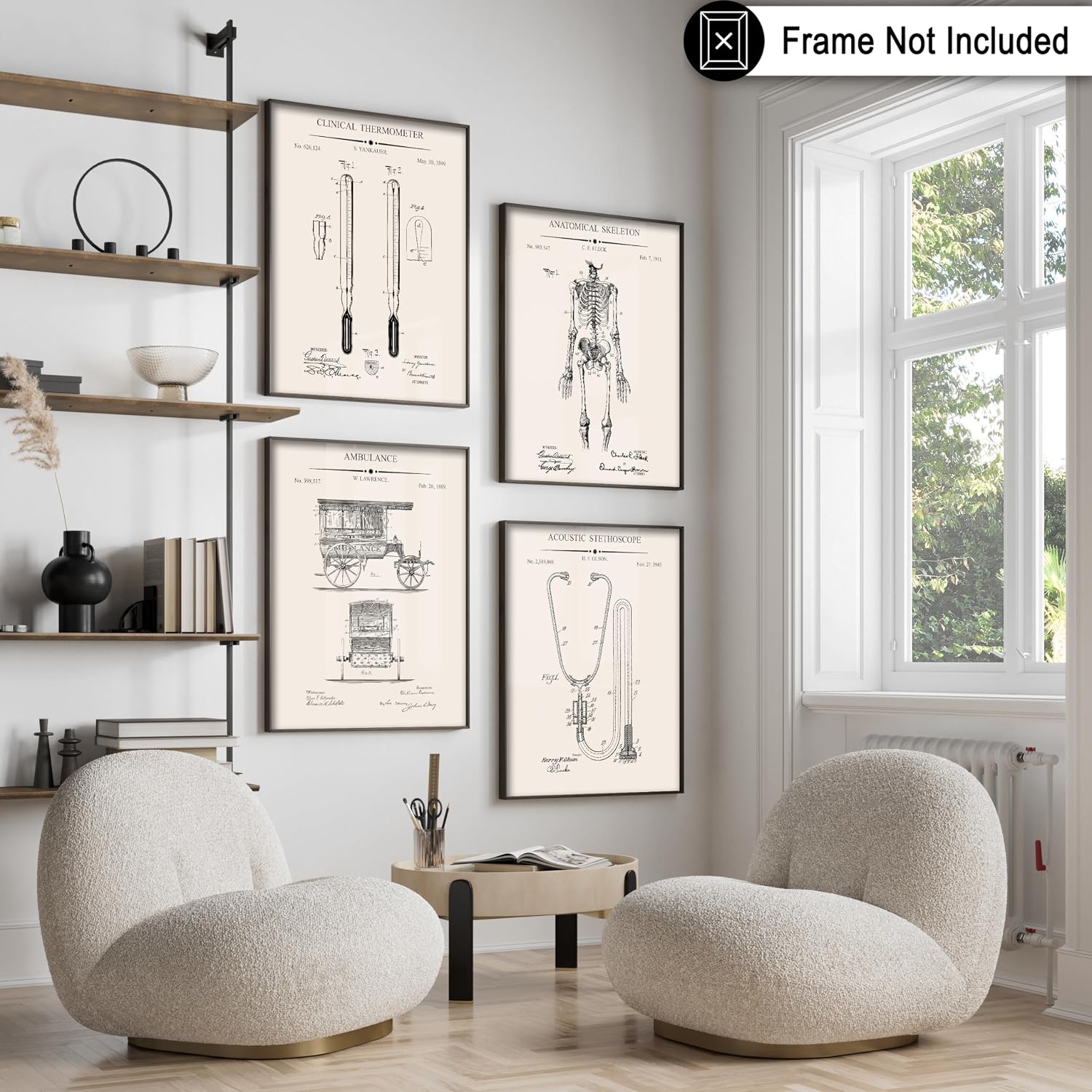 Poster Master 4-Piece Medical Blueprint Poster - Thermometer Patent Print - Anatomical Skeleton Art - Ambulance Illustration - Stethoscope Drawing - Library or Clinic Decor - 8x10 UNFRAMED