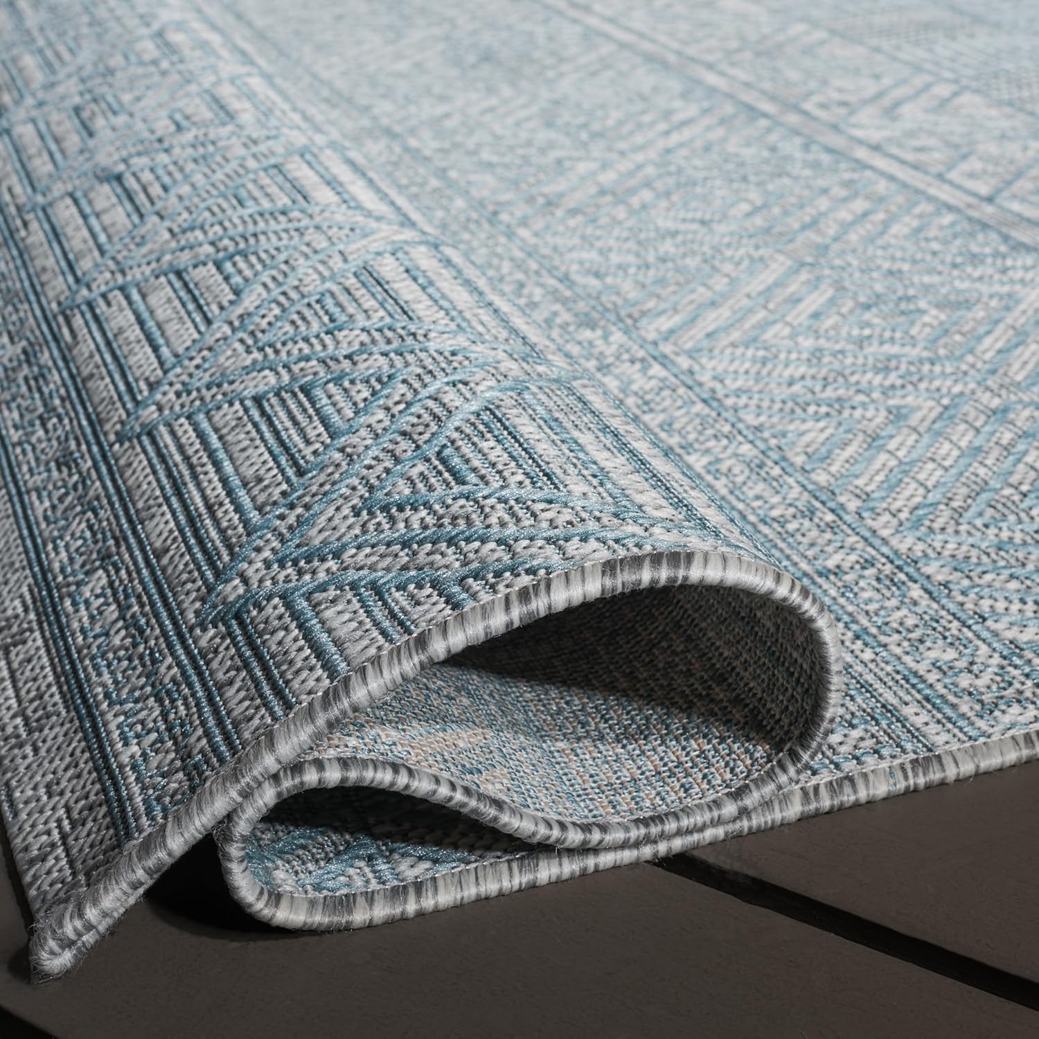SAFAVIEH Washable Rug Outdoor Courtyard Collection - 6'7" Square, Light Grey & Aqua Blue, Non-Shedding & Easy Cleaning, Ideal for Patio, Backyard, Mudroom (CY8196-37112)