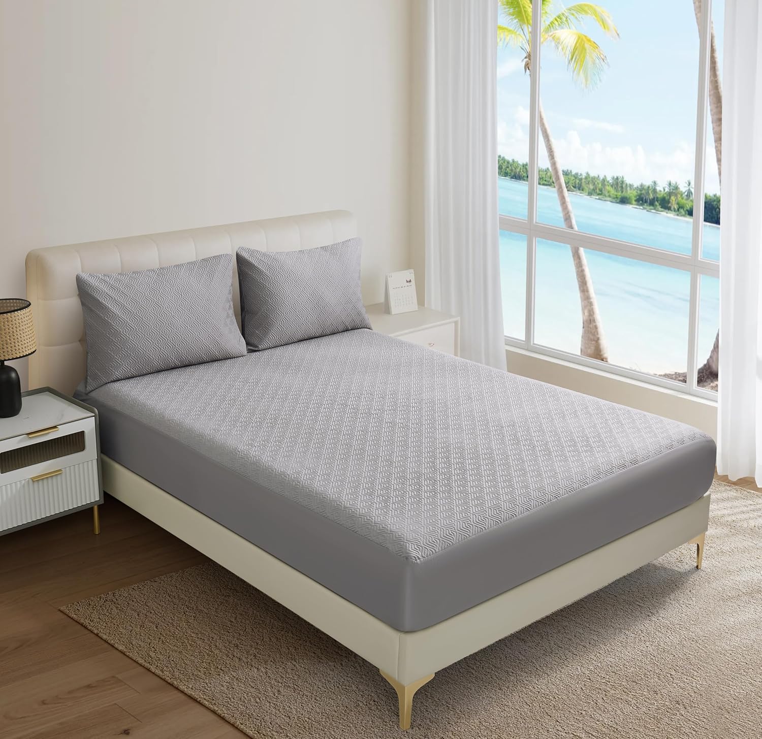 100% TPU Waterproof Mattress Protector Sets with 1 Fitted Sheet & 2 Pillowcases 18 Inches Deep Pocket Breathable Waterproof Sheets Queen Size for Adults Kids Elderly Pets (Gray)
