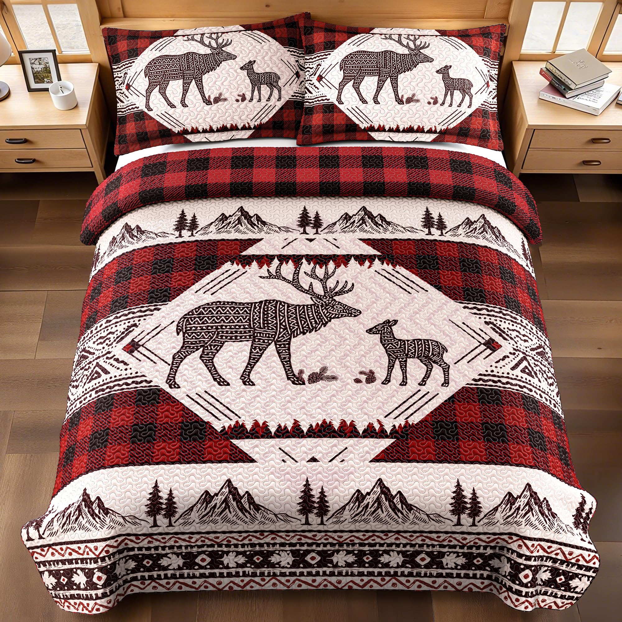 3 Piece Cabin King Size Quilt Sets Christmas Rustic Reversible Microfiber Soft Lightweight Farmhouse Bedspread Comforter with 2 Shams Patchwork Country Lodge Bedding for All Season, 106''x96'', Red