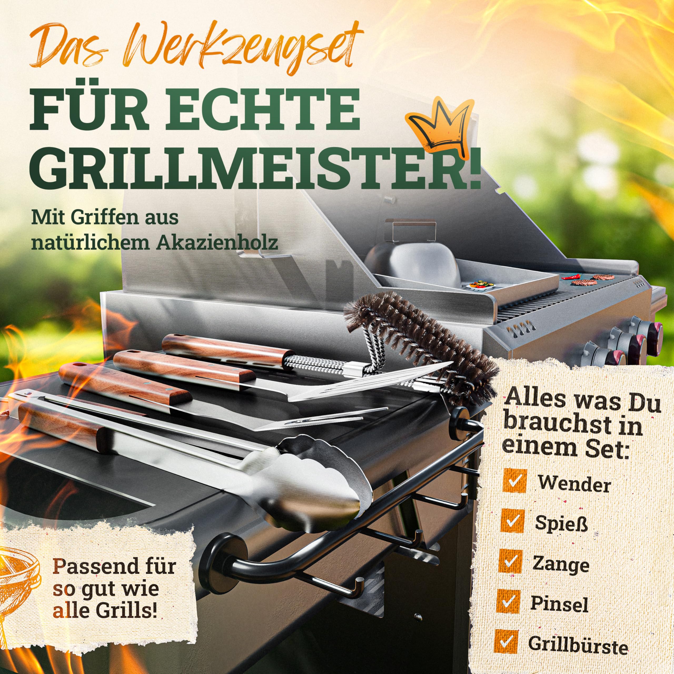 LIKAYA® Premium Grillbesteck-Set [5-TLG.] aus Edelstahl mit Akazienholz-Griff (Grillzange, Grillwender, Grillbürste, Grillgabel & Grillpinsel) – Perfektes Grillwerkzeug für Gasgrill & BBQ!
