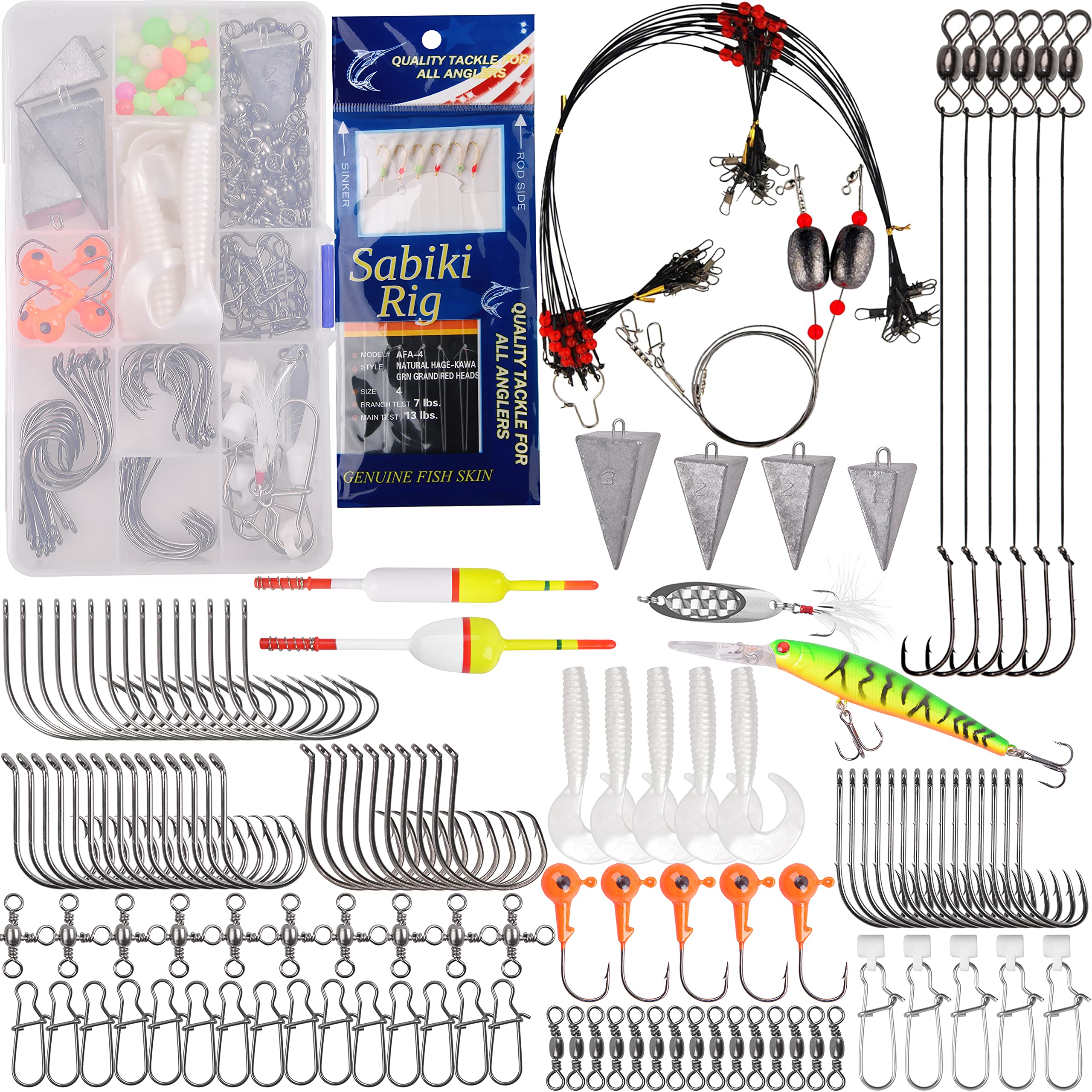 Saltwater Fishing Gear, 180pcs Saltwater Surf Fishing Tackle Kit Fishing Bait Rigs Saltwater Fishing Lures Spoon Fishing Hooks Pyramid Sinker Leaders Swivel Slip Bobbers Various Accessories