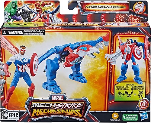 Miniatura 2 de Marvel Mecasaurios Mech Strike, figuras de acción del Capitán América de 4 pulgadas con mecanismo Redwing, juguetes de superhéroes para niños a