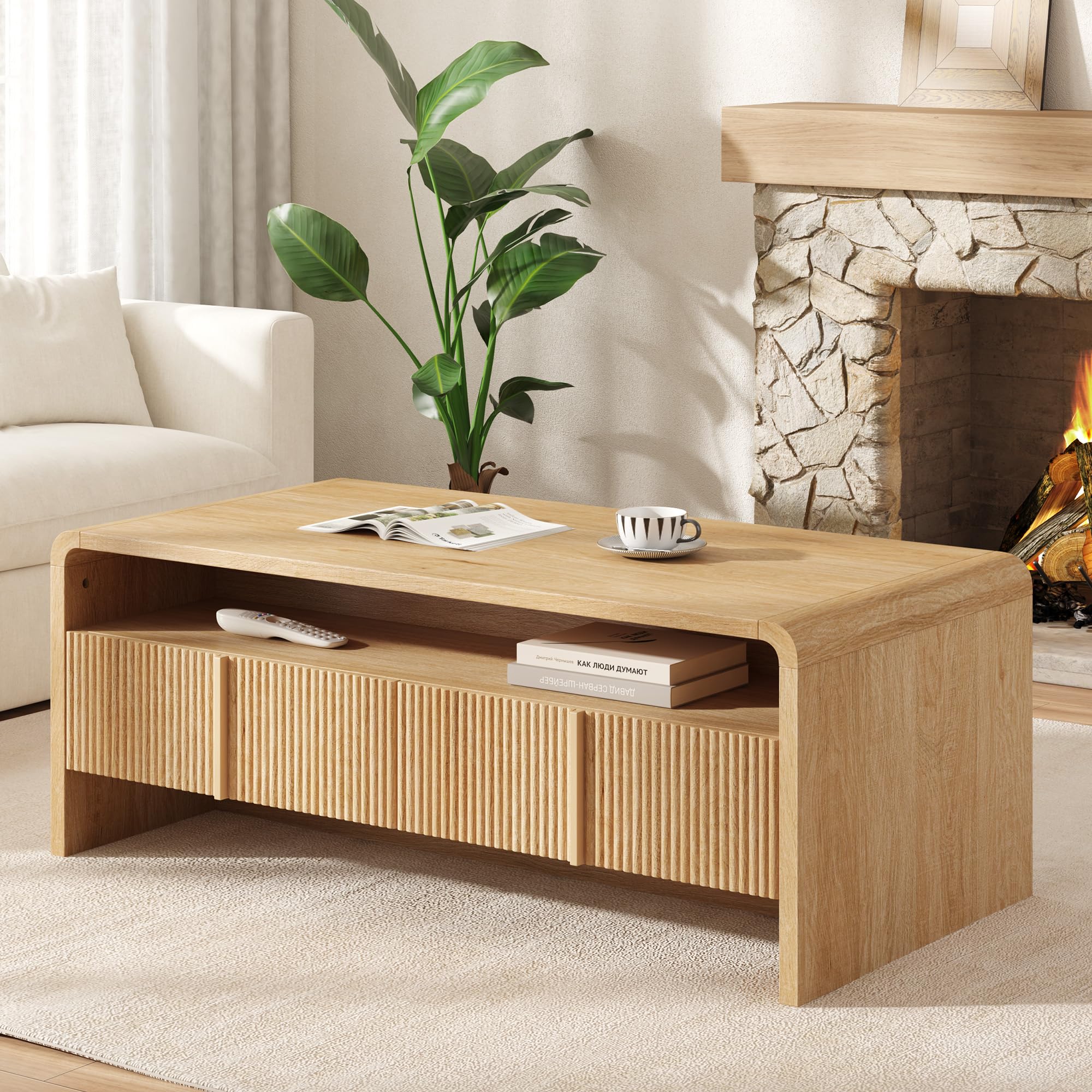 AMERLIFE Fluted Coffee Table with Storage &amp; Rounded Edges
