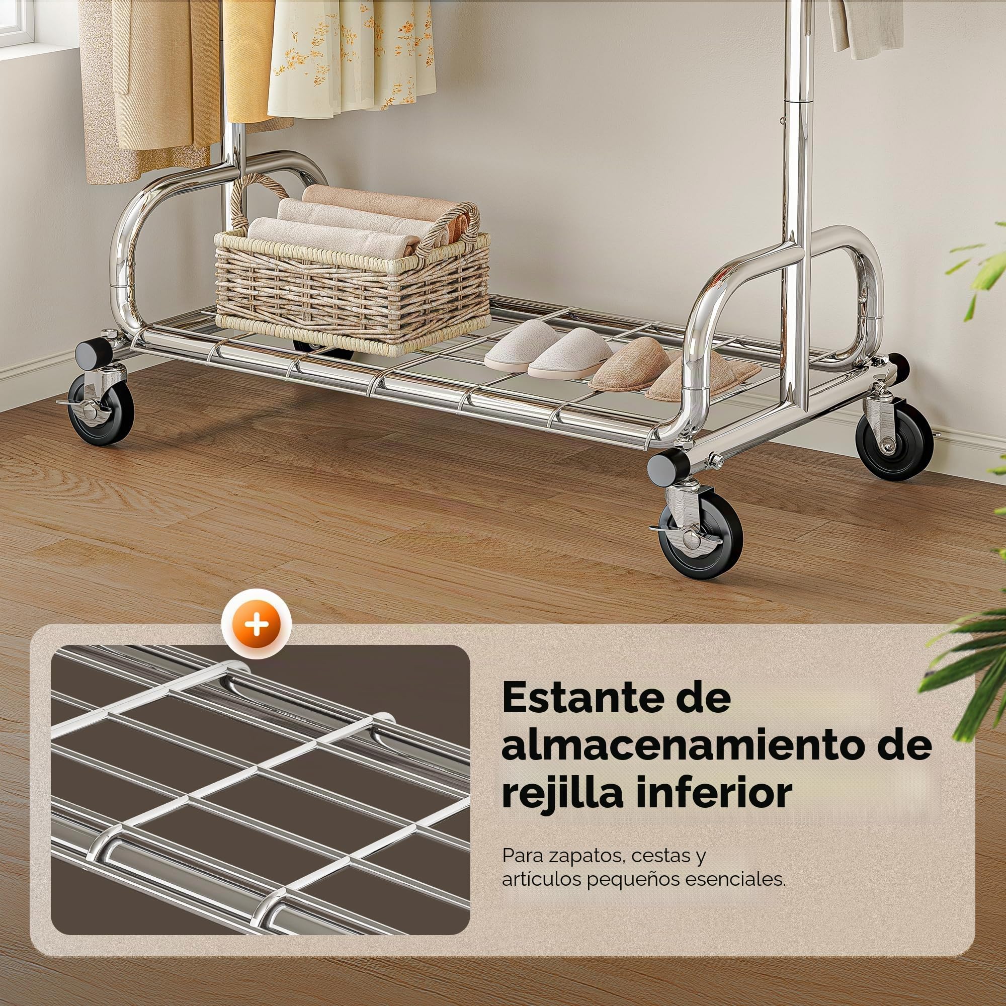 HOKEEPER Perchero resistente de 136 kg de capacidad, perchero extensible con ruedas y estantes bloqueables, ahorro de espacio para dormitorio, apartamento pequeño, lavandería, color plateado