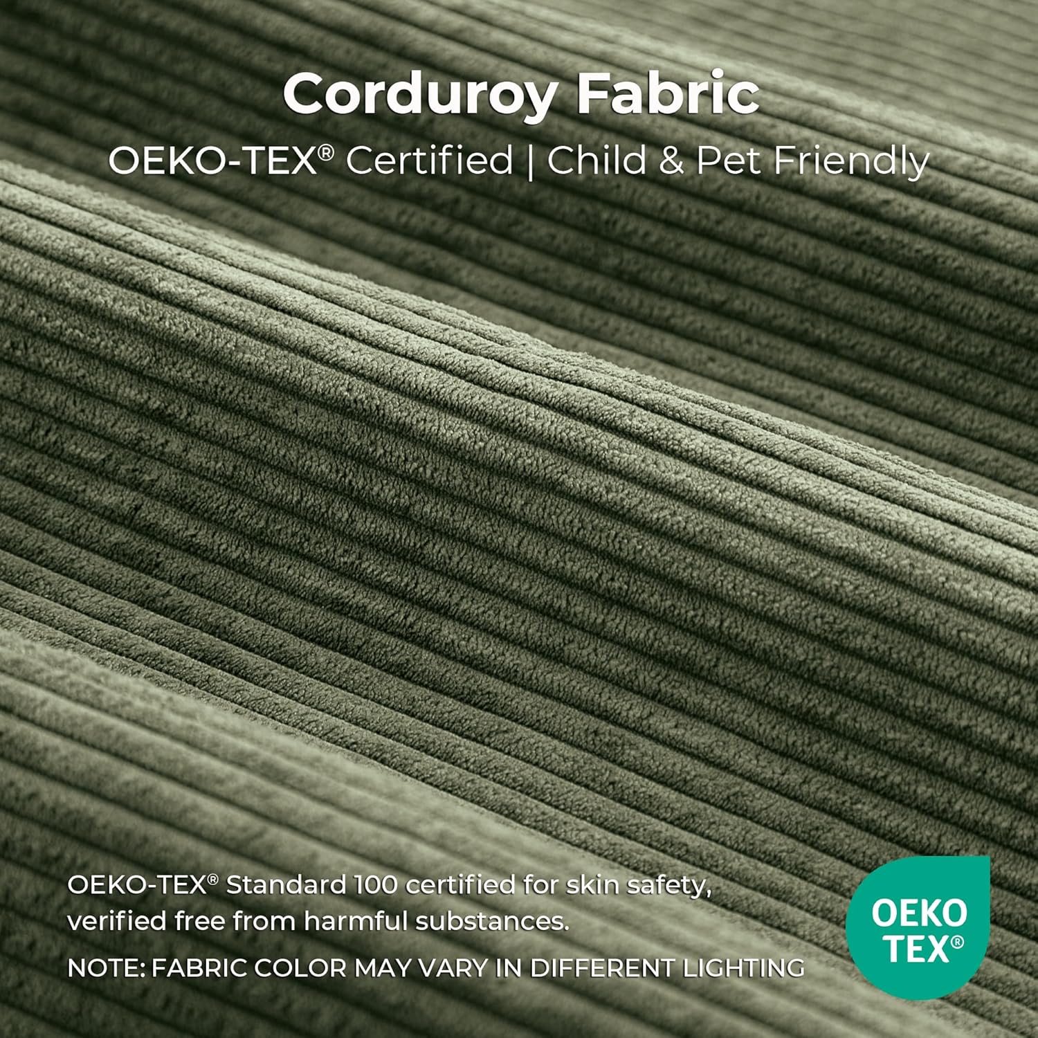 Close-up of the corduroy fabric, highlighting its texture and OEKO-TEX certification