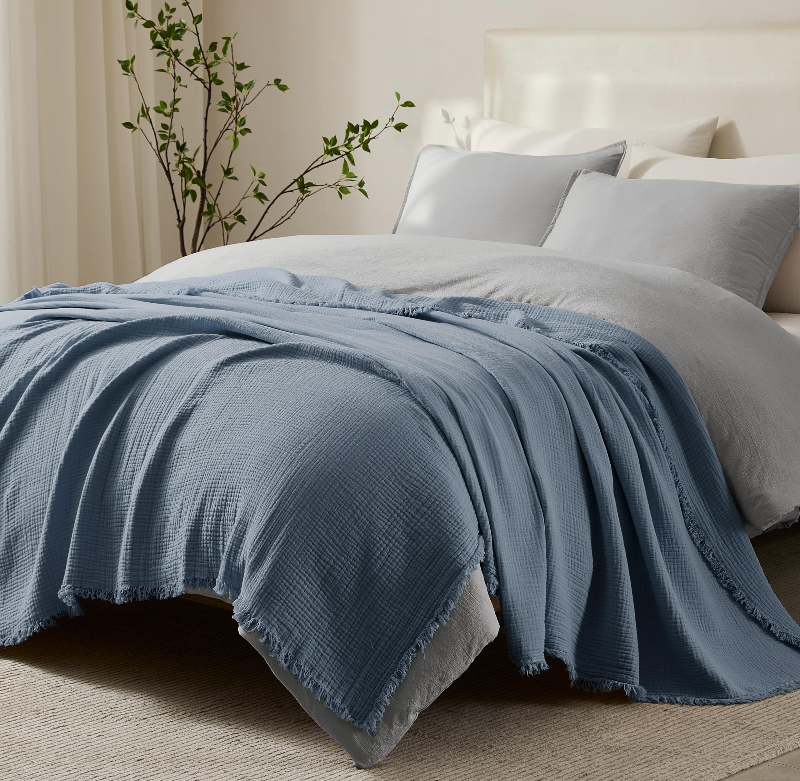 R.SHARE Coperta Mussole 100% Cotone per Adulti 130x150cm Coperta Cotone 4 Strati con Frange Traspirante Morbida Copriletto Estivo Matrimoniale Copridivano, Blu