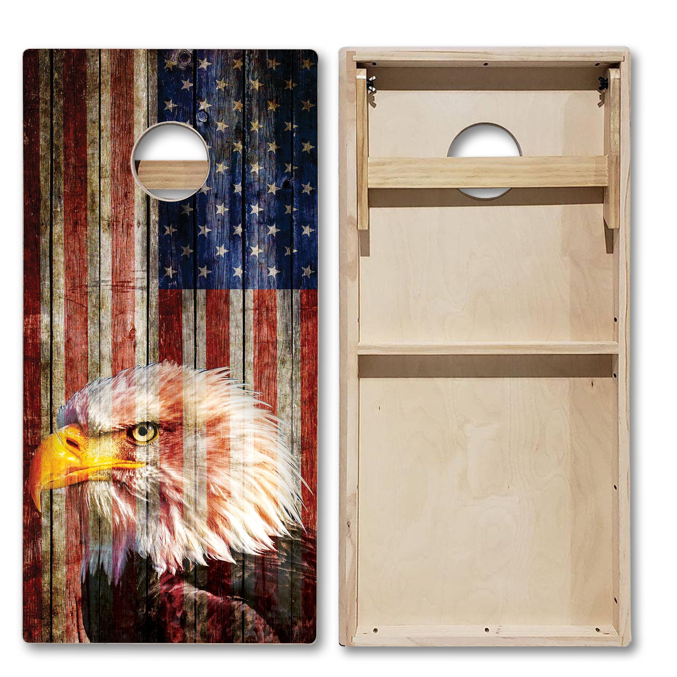 Tailgating Pros Cornhole Boards-4'x2' Tournament Grade Cornhole Game w/Carrying Case & Set of 8 Corn Hole Bean Bags w/Tote (4'x2' Patriotic Eagle Tournament)