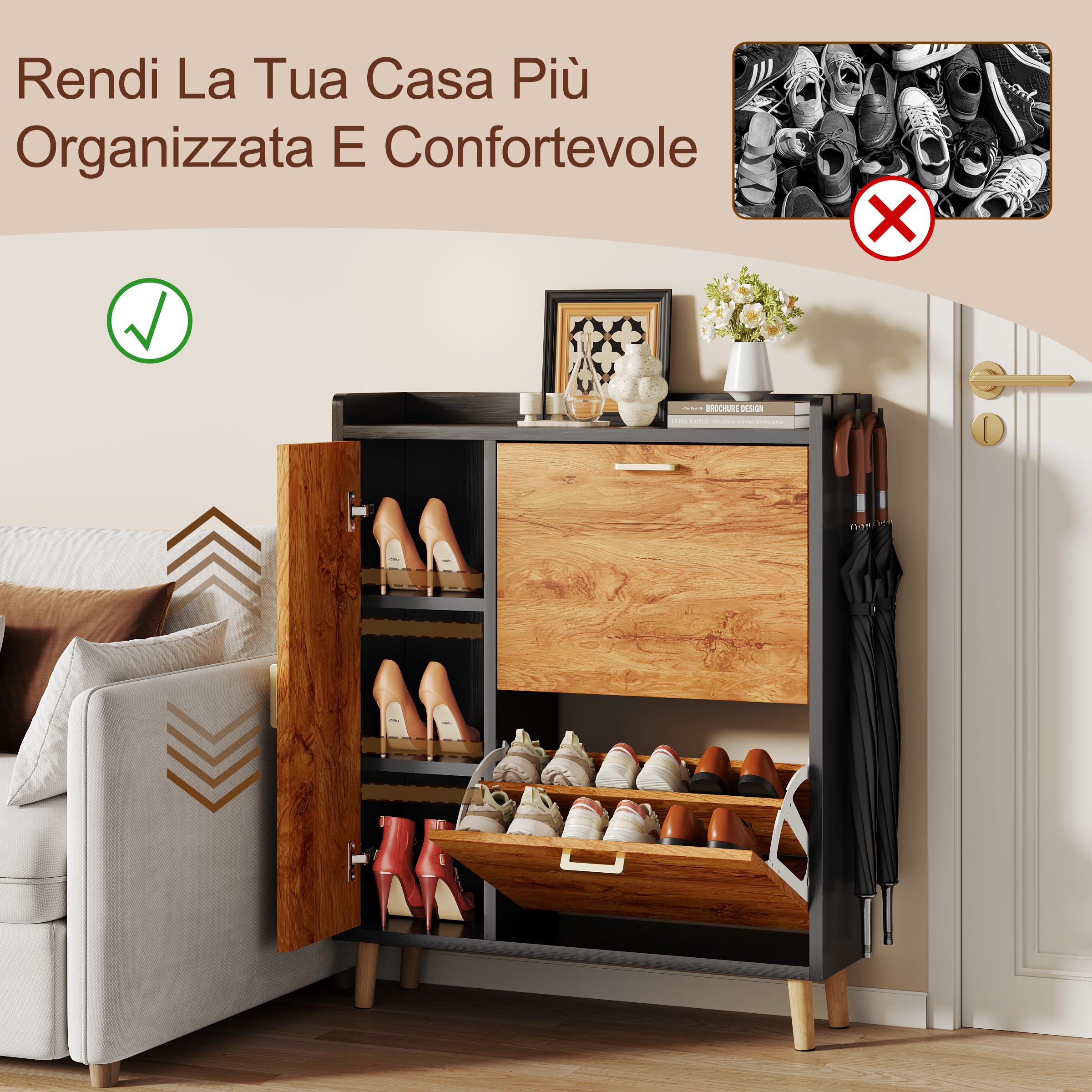 Scarpiera Salvaspazio Slim Con 3 Ante, Divisori Regolabili può Contenere Stivali, Scarpiera Ingresso Con Maniglie & 4 Gambe in Legno Massello Per Porta, Corridoio, Atrio (80x96x24cm, Nero)