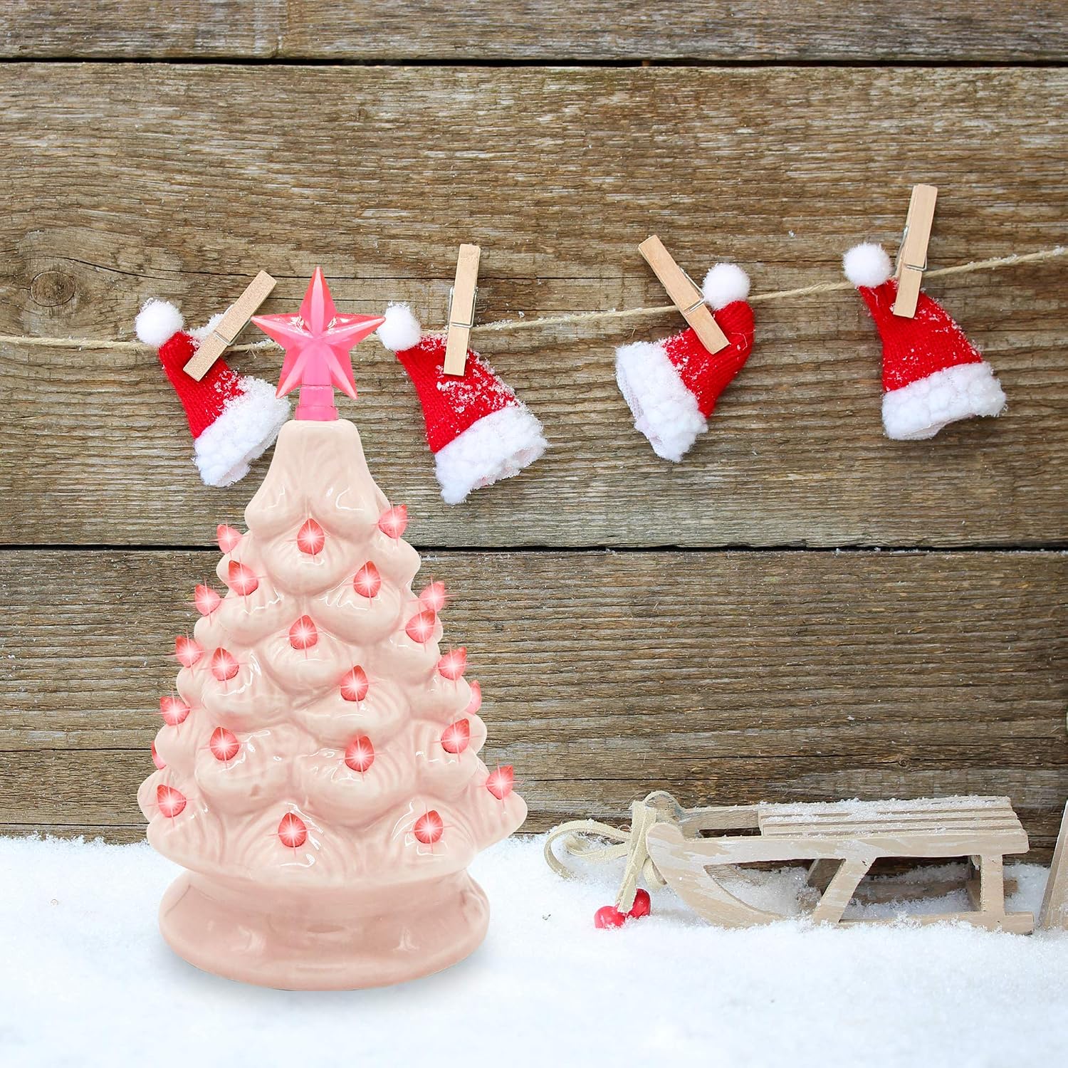Joiedomi 7" Pink Ceramic Christmas Tree, Prelit Tabletop Christmas Tree with Extra Clear Top Star & Bulbs for Best Desk Decoration