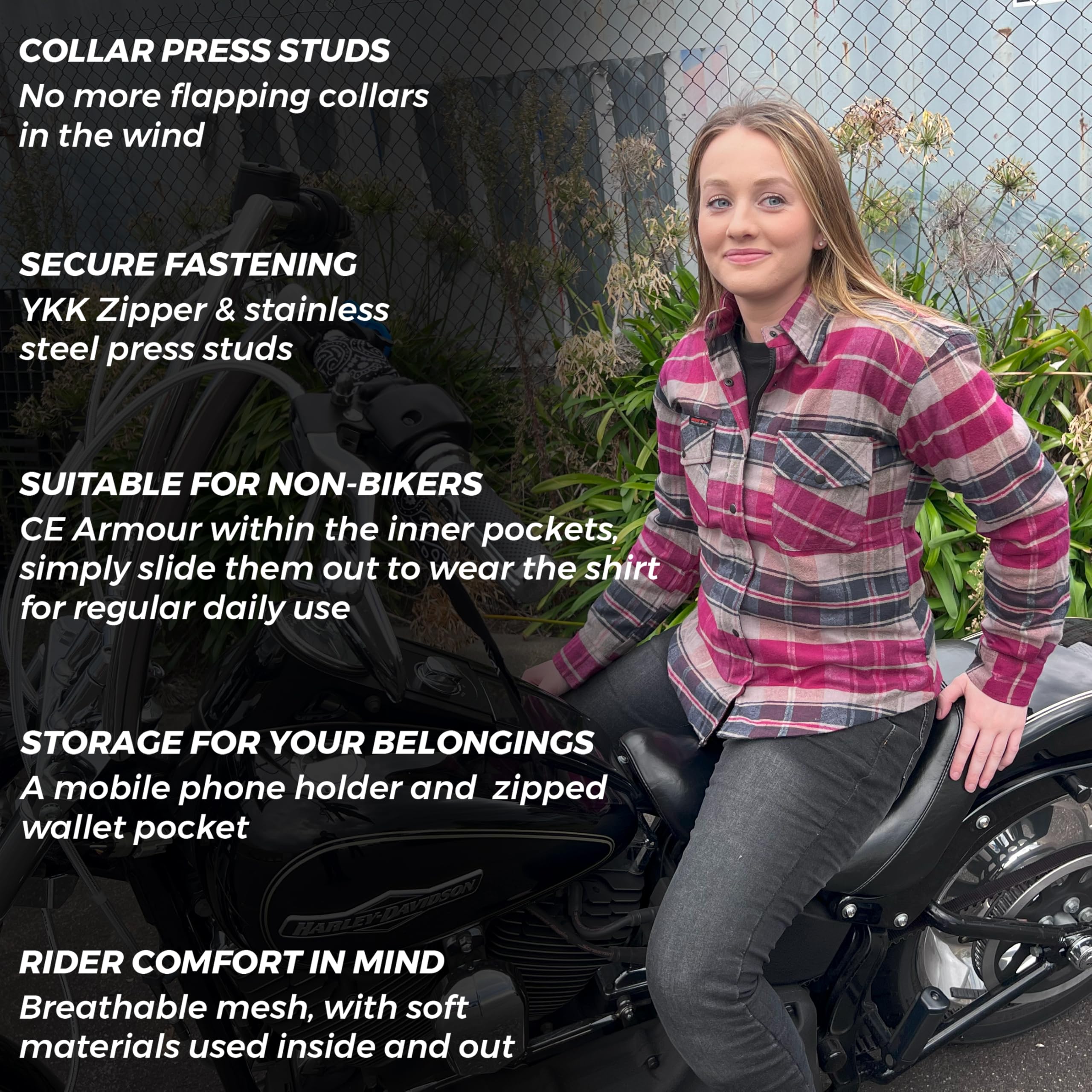 Bikers Gear - Chaqueta de motocicleta para mujer, camisa blindada de Kevlar de 280 g/m², aramida Dupont™ Kevlar® con protección CE