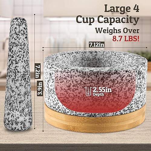 Miniatura 6 de Juego de mortero y mortero de alta resistencia con base de bambú, 4 tazas extragrandes, mortero de granito 100% natural y cuenco de molinillo de