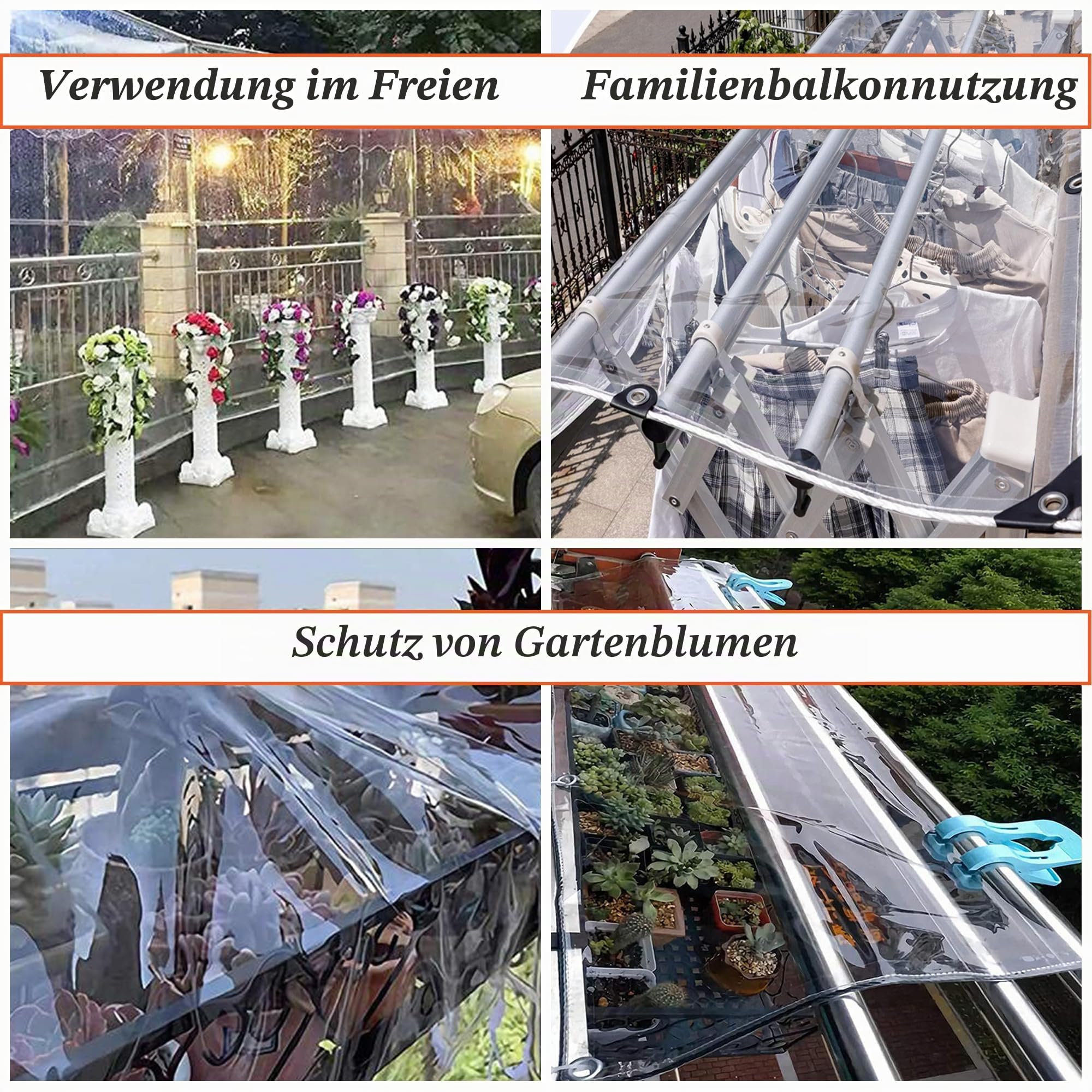 SSFMSF PVC Plane Transparent mit Ösen Abdeckplane Wetterfeste staubdicht, Windschutz Pflanzenabdeckung mit 2 Reißverschlüssen für Terrasse Balkon Pavillon Gartenmöbel. (H:2m * W:2m | 400g/m²)