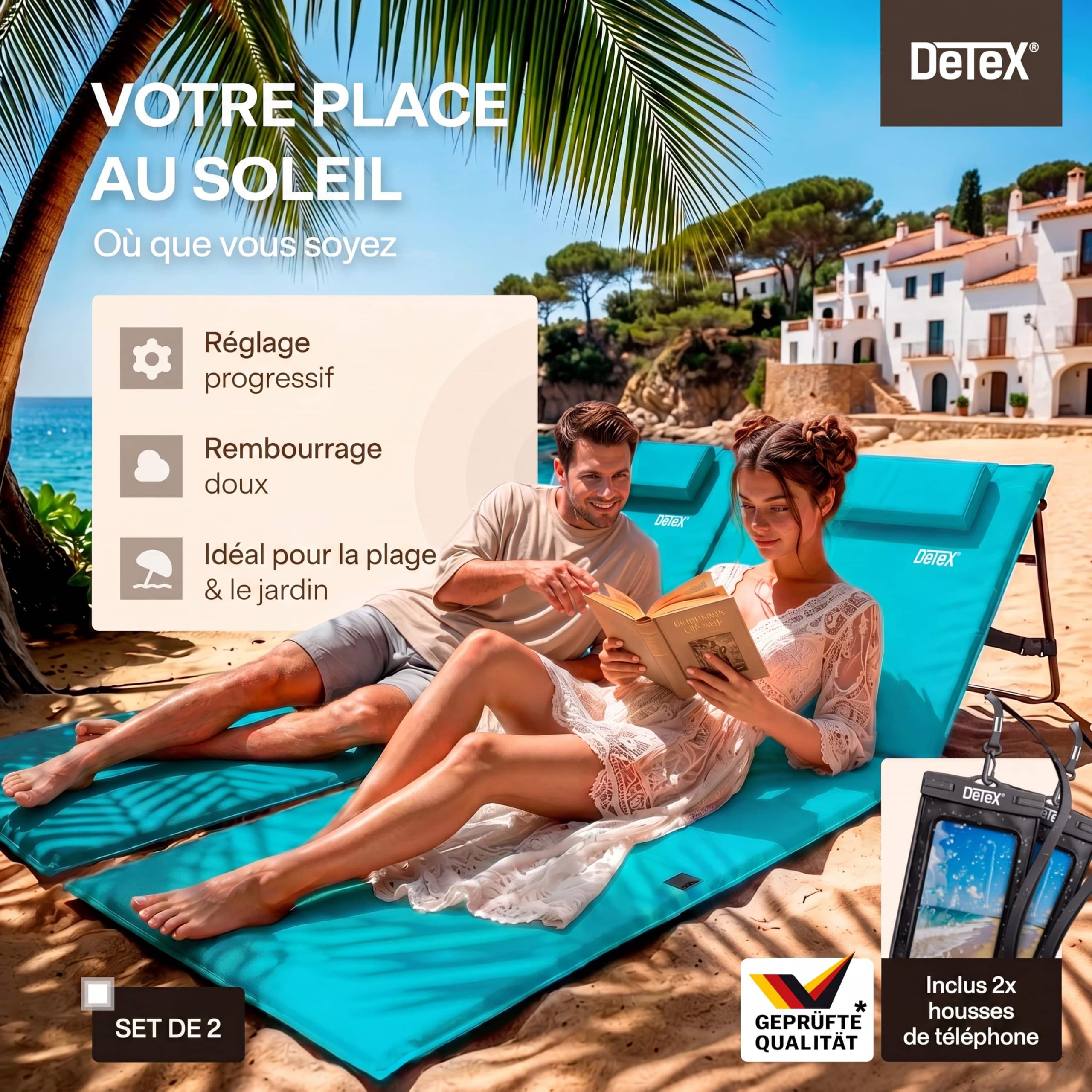 Detex® Set de 2 Tapis de Plage Bleu Turquoise 158x56 cm transat rembourré avec Dossier Pliable natte de Plage transportable extérieur