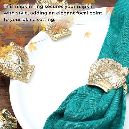 Miniatura 8 de Juego de 12 servilleteros dorados, con diseño de pájaro de pavo, de metal, ligeros, para mesas elegantes, perfectos para cenas, vacaciones, bodas y