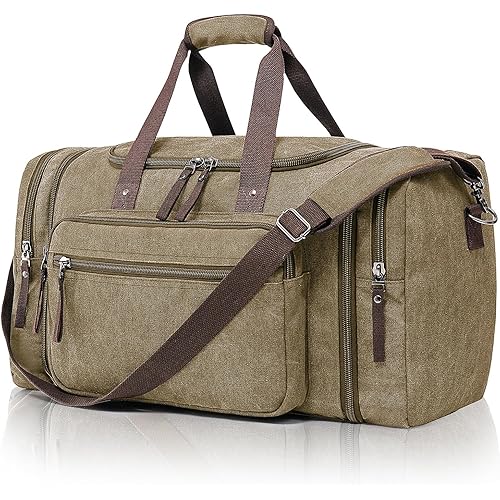 Canvas Expandable Duffle Bag for Men Traveling, Luggage Travel Bag Weekender Overnight Bag,Mens Gym Carry on Duffel Bags（Coffee）