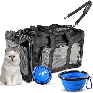 Pet Airline Approved Cat Carrier for Dog Rabbit Puppies Shihtzu Travel Bag Breathable Mesh, Free Ebook & Bowl (20x12x12 Inch)